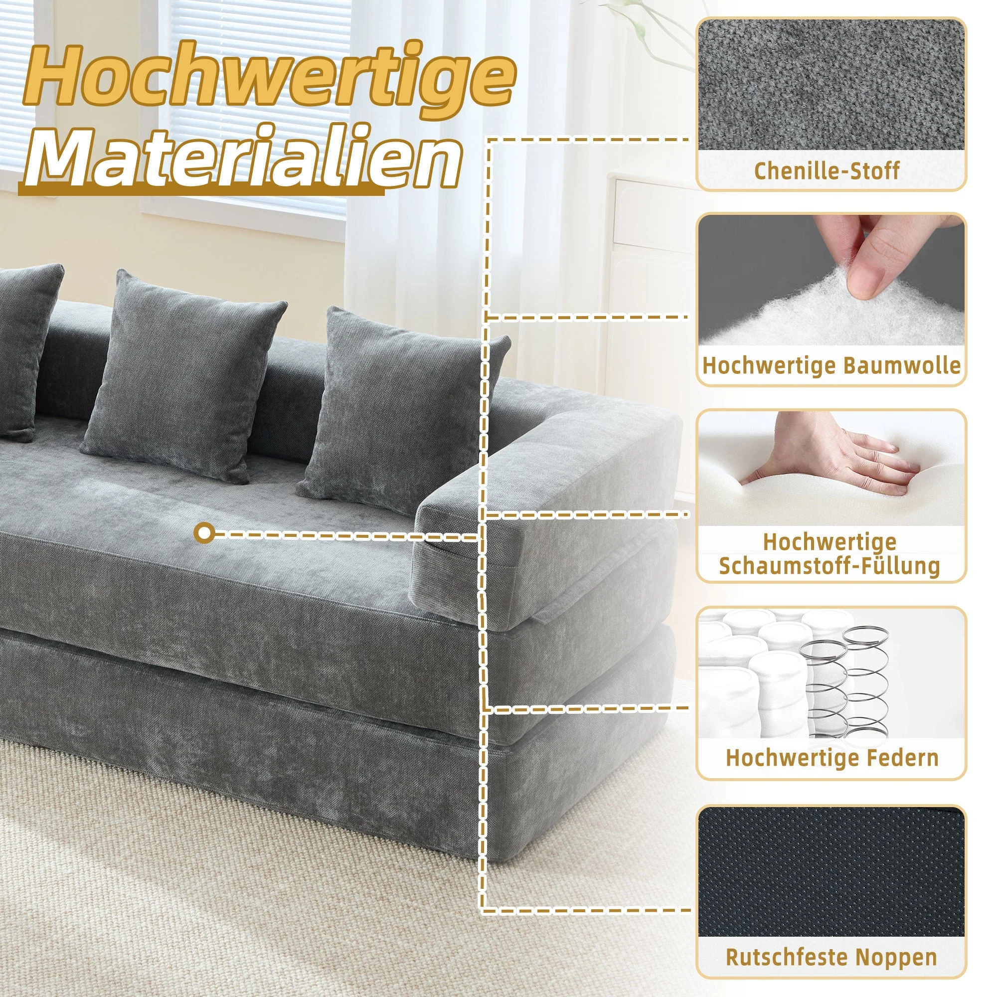Modular Chenille Block Sofa - Super Soft, Combinable with Side Pockets - Chenille Fabric - Image 4