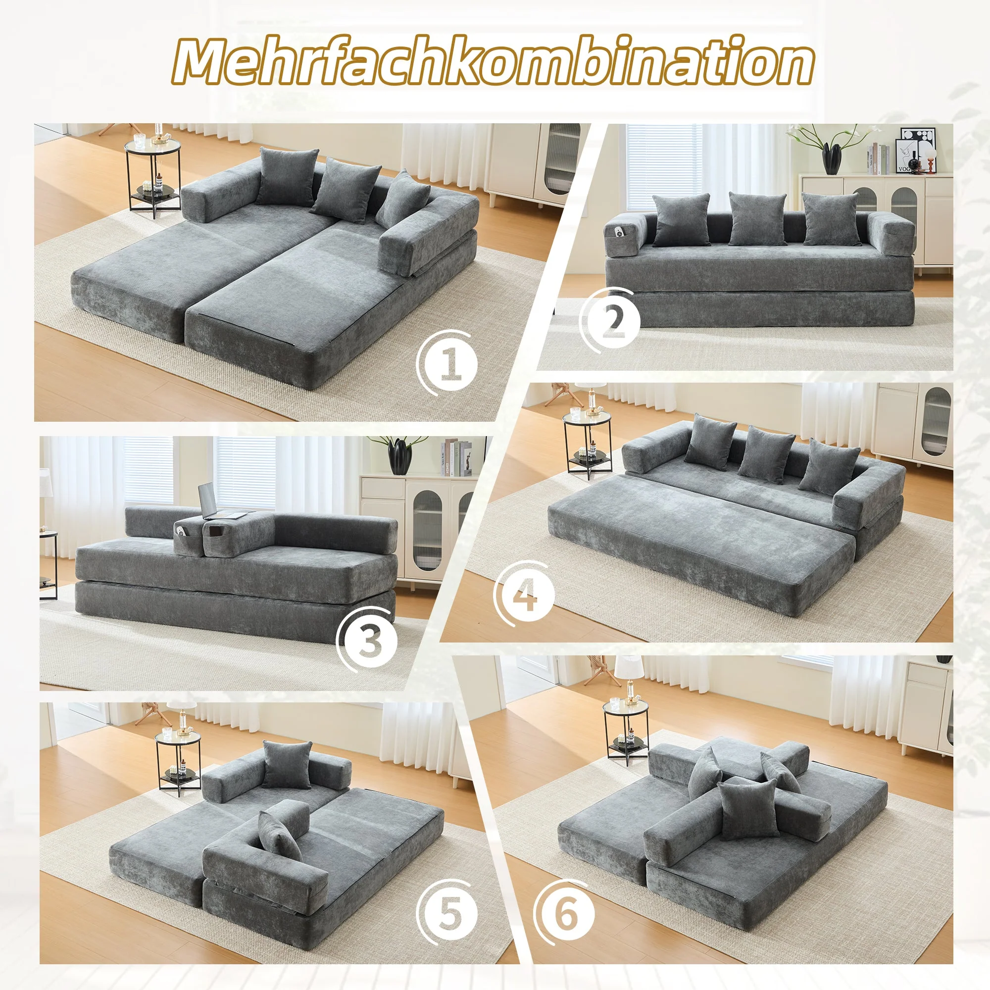 Modular Chenille Block Sofa - Super Soft, Combinable with Side Pockets - Chenille Fabric - Image 6