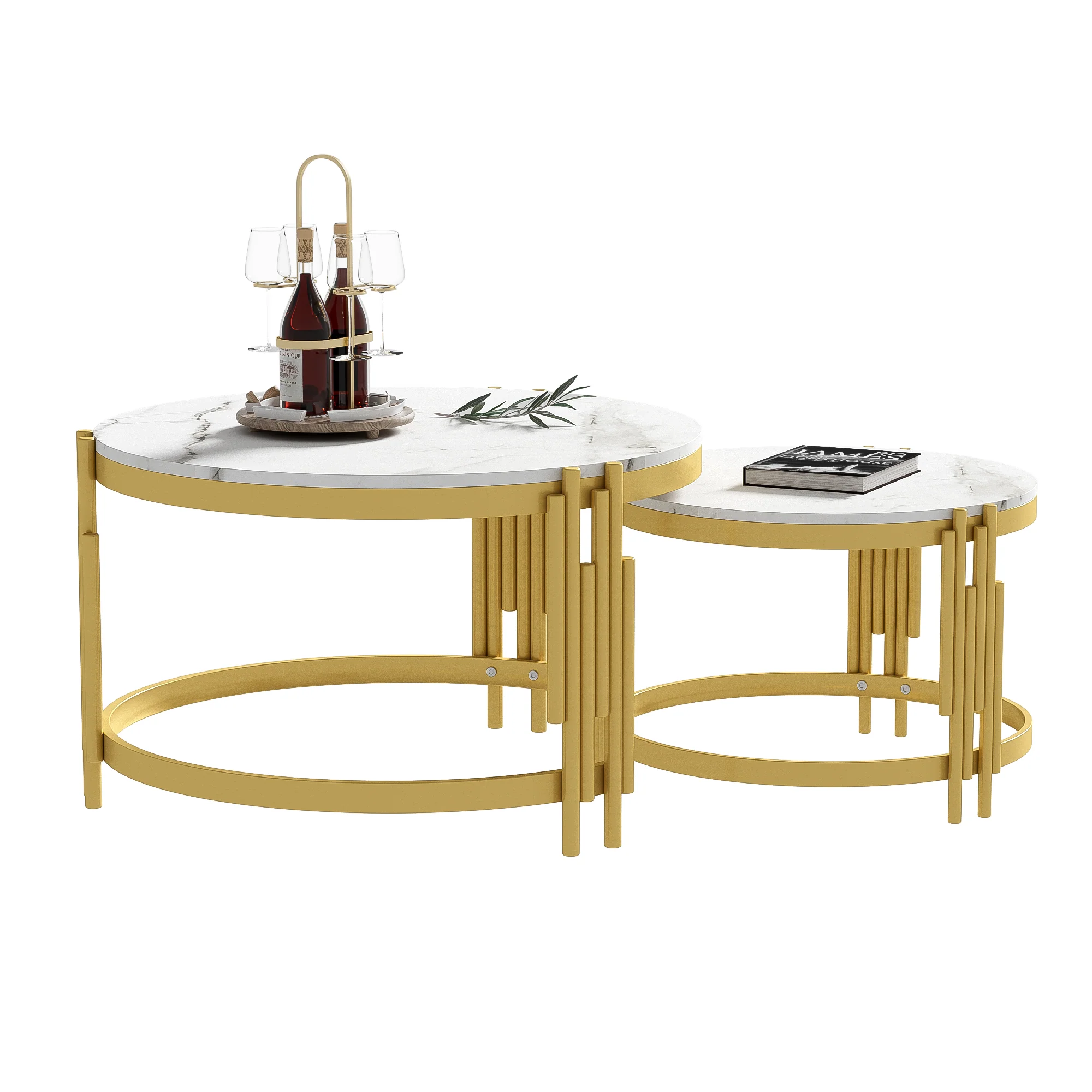 Modular Coffee Table Set, Round Golden Metal Frame, Marble Look - Image 2