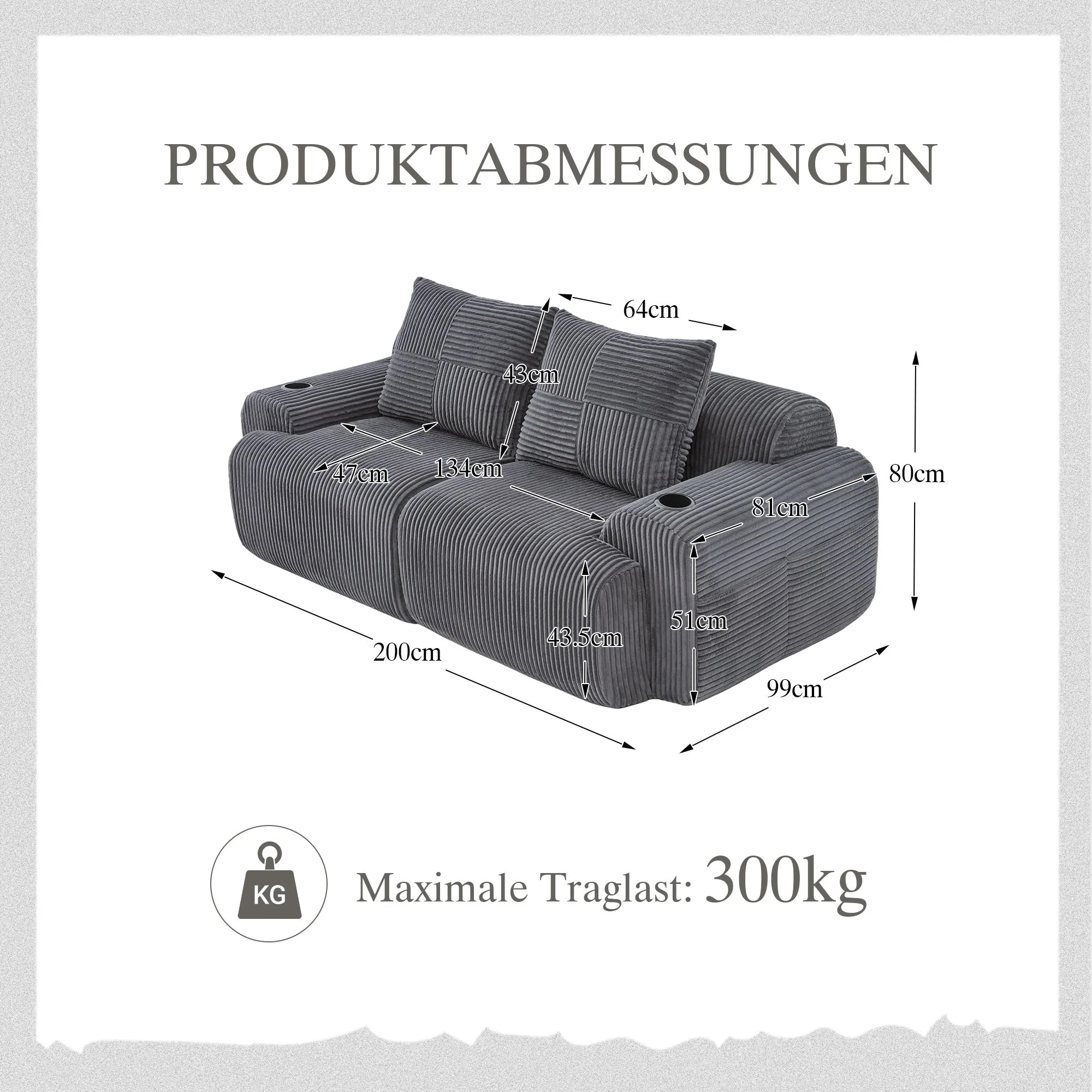 Modular Corduroy 2-Seater Sofa with Cup Holder and Storage Pocket, Dark Grey - Image 2