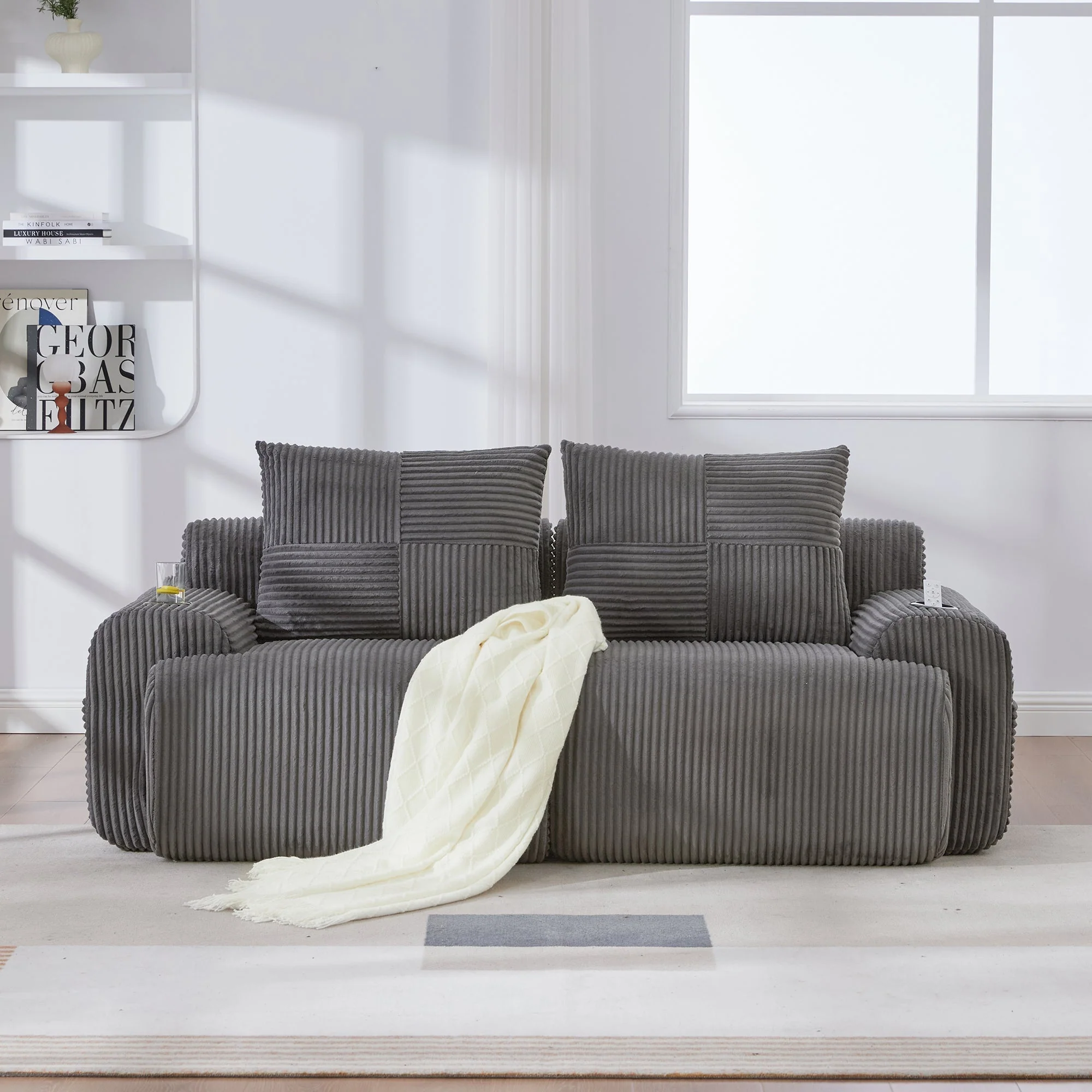 Modular Corduroy 2-Seater Sofa with Cup Holder and Storage Pocket, Dark Grey - Image 9