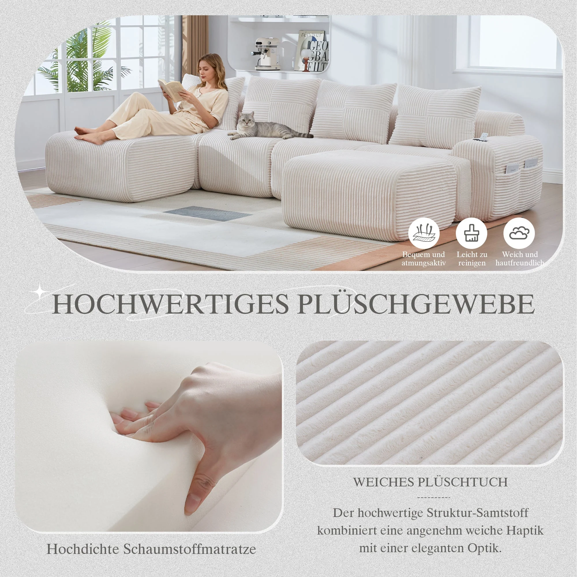 Modular Corduroy Sofa, 4-Seater with 2 Ottomans, Cup Holders and Storage, Beige - Image 5