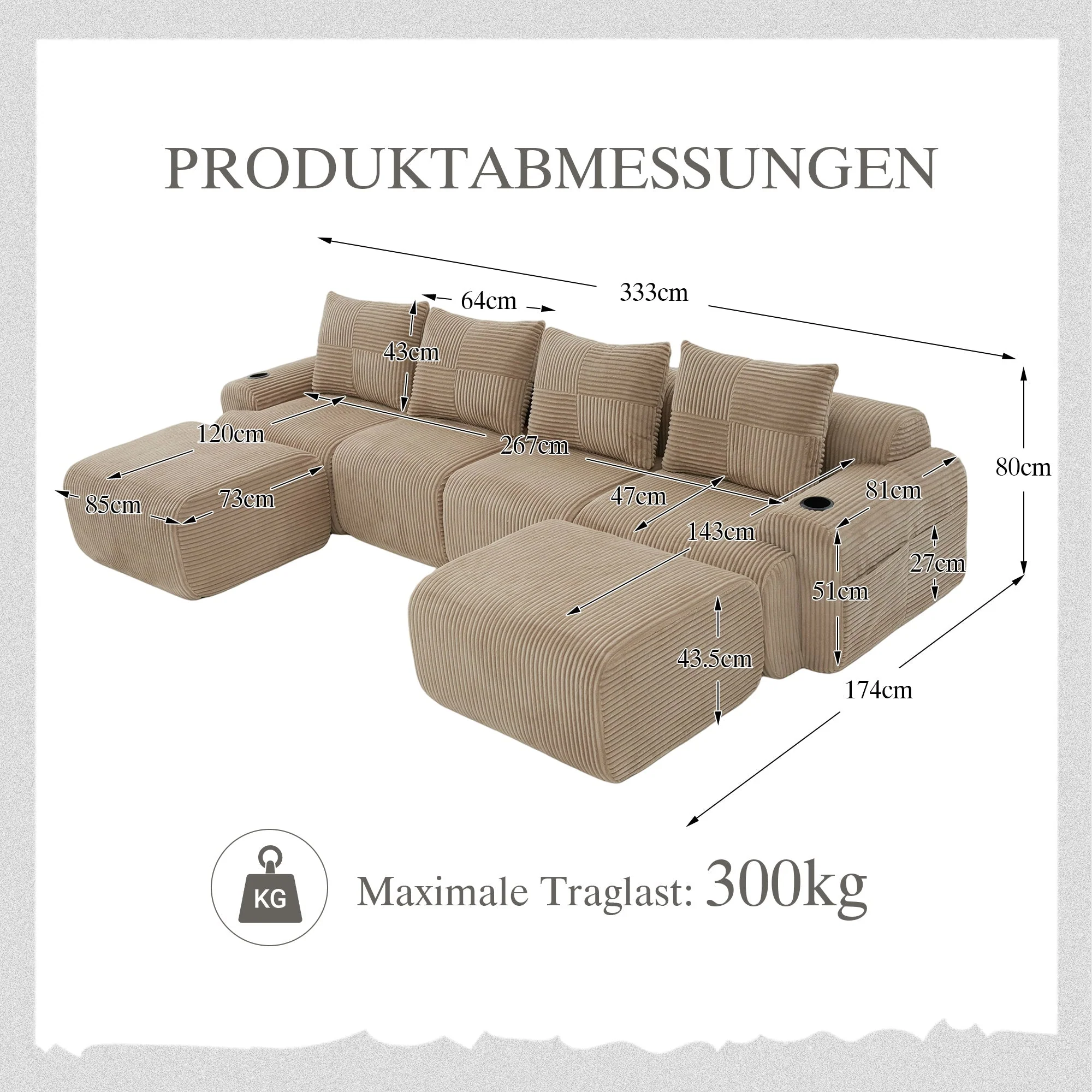 Modular Corduroy Sofa 4-Seater with 2 Ottomans Cup Holders Storage Pocket Khaki - Image 2