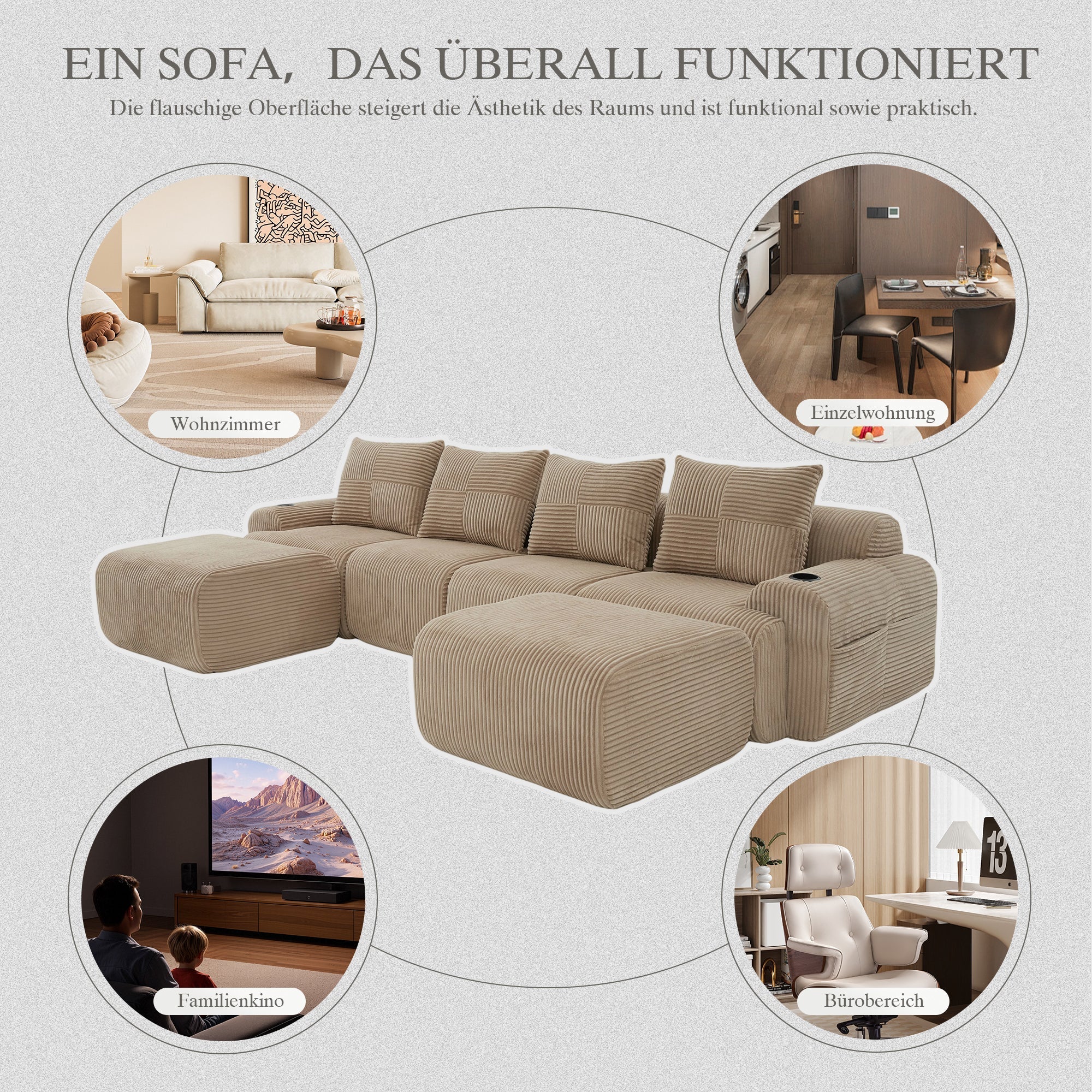 Modular Corduroy Sofa 4-Seater with 2 Ottomans Cup Holders Storage Pocket Khaki - Image 7