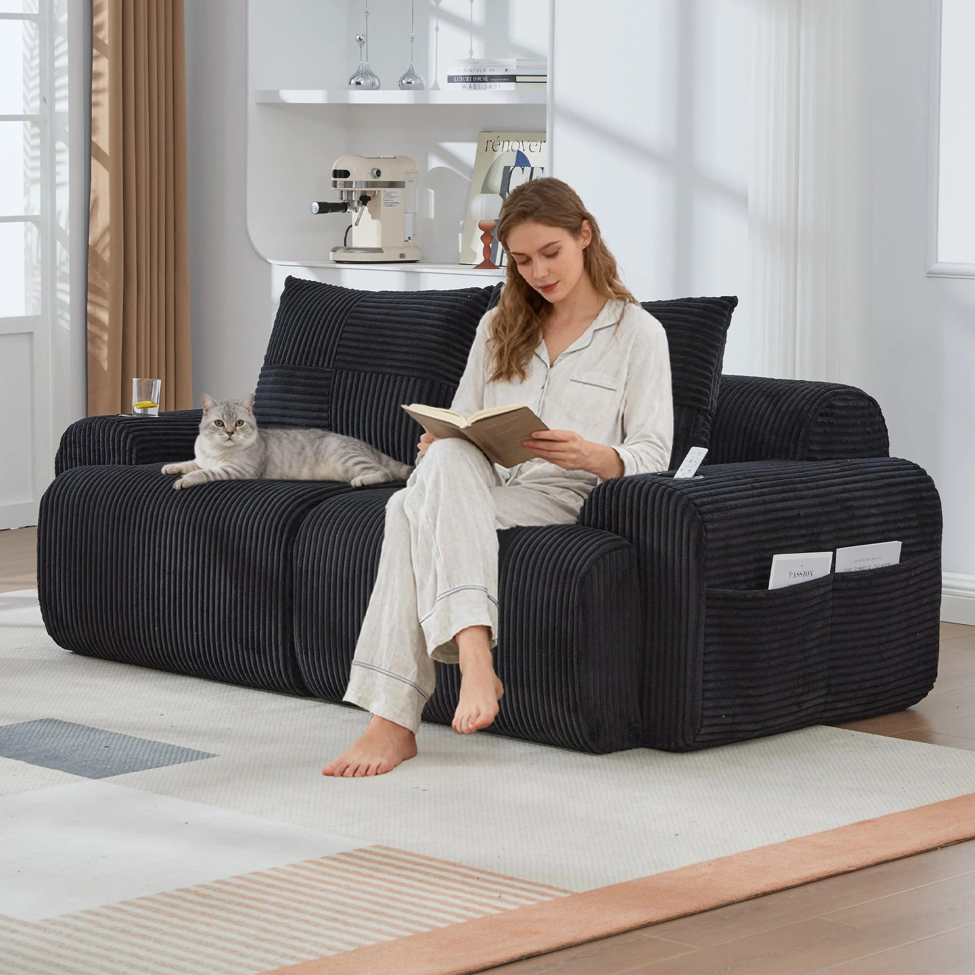 Modular Corduroy Sofa for 2 People, Combinable with Cup Holder and Storage Pocket, Black