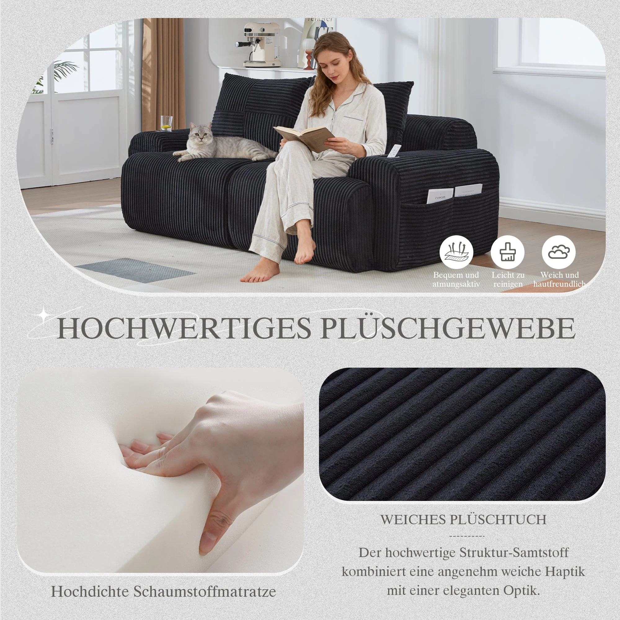 Modular Corduroy Sofa for 2 People, Combinable with Cup Holder and Storage Pocket, Black - Image 5