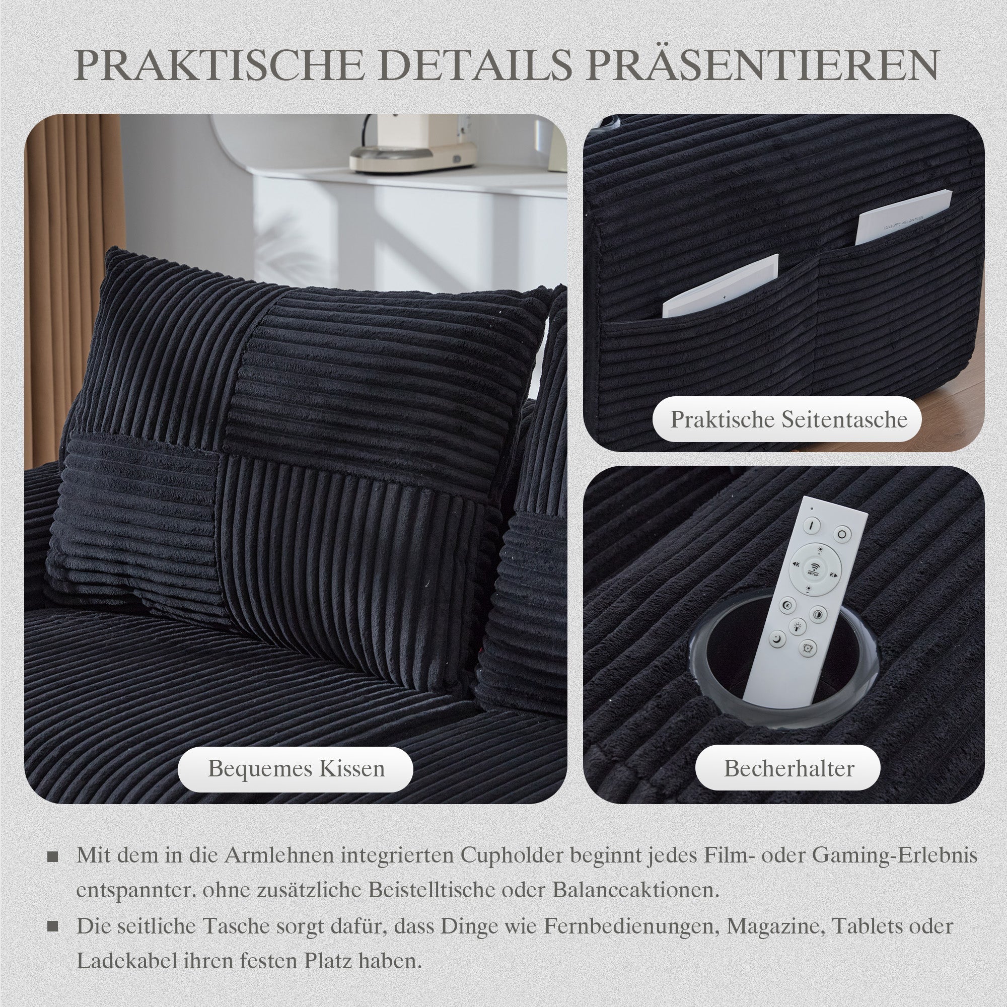 Modular Corduroy Sofa for 2 People, Combinable with Cup Holder and Storage Pocket, Black - Image 6