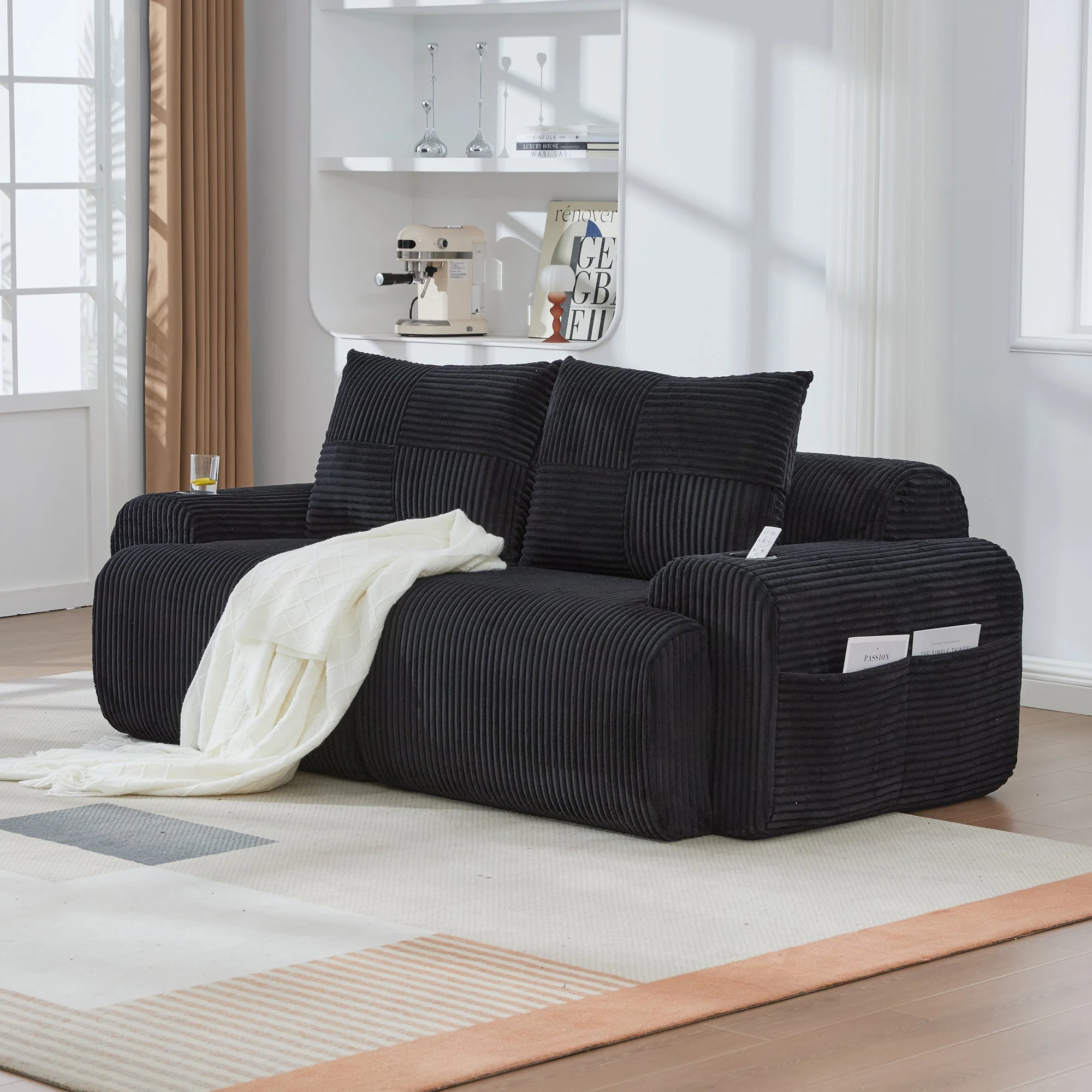 Modular Corduroy Sofa for 2 People, Combinable with Cup Holder and Storage Pocket, Black - Image 8