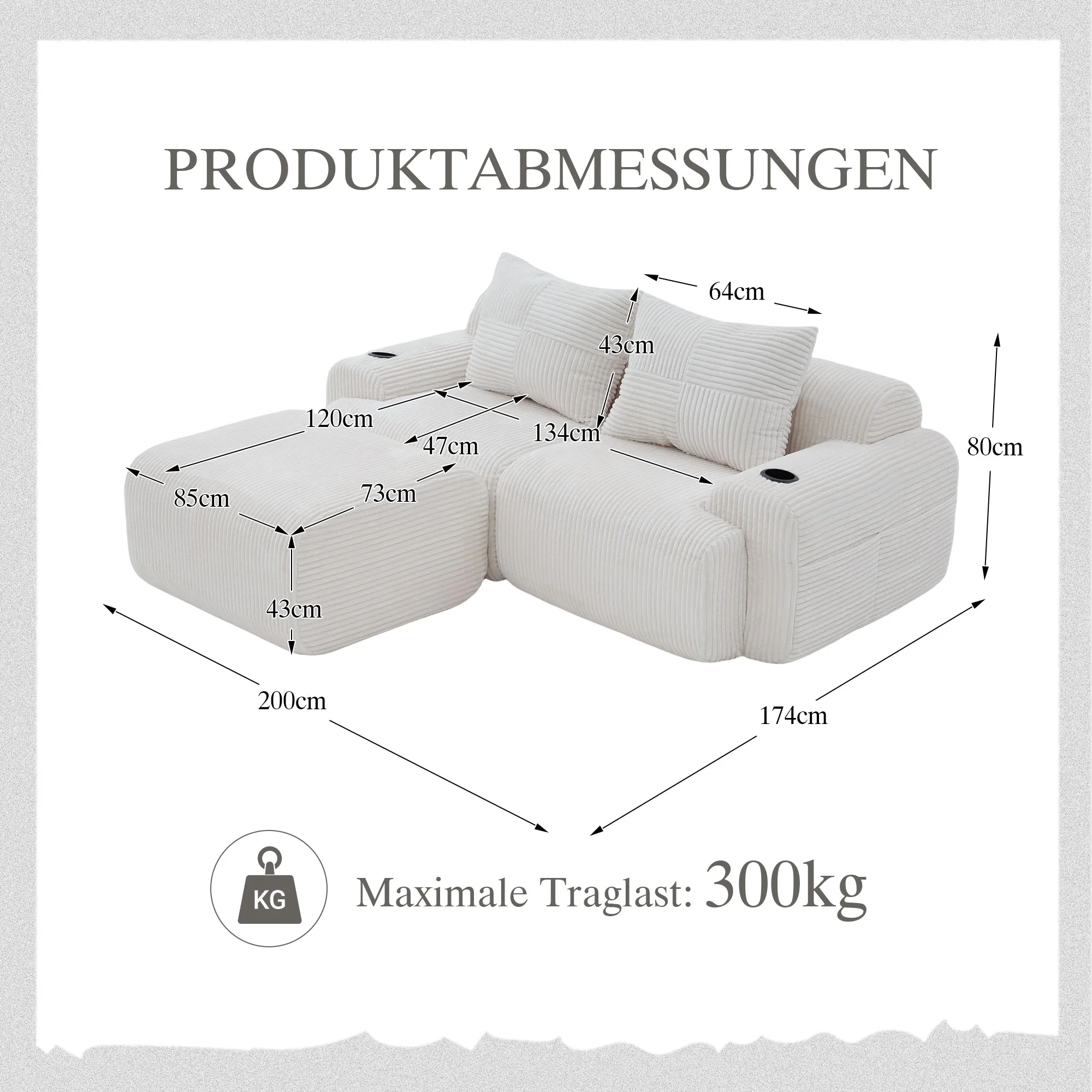 Modular Corduroy Sofa for 2 People with Ottomans, Cup Holder and Side Pocket, Beige - Image 2