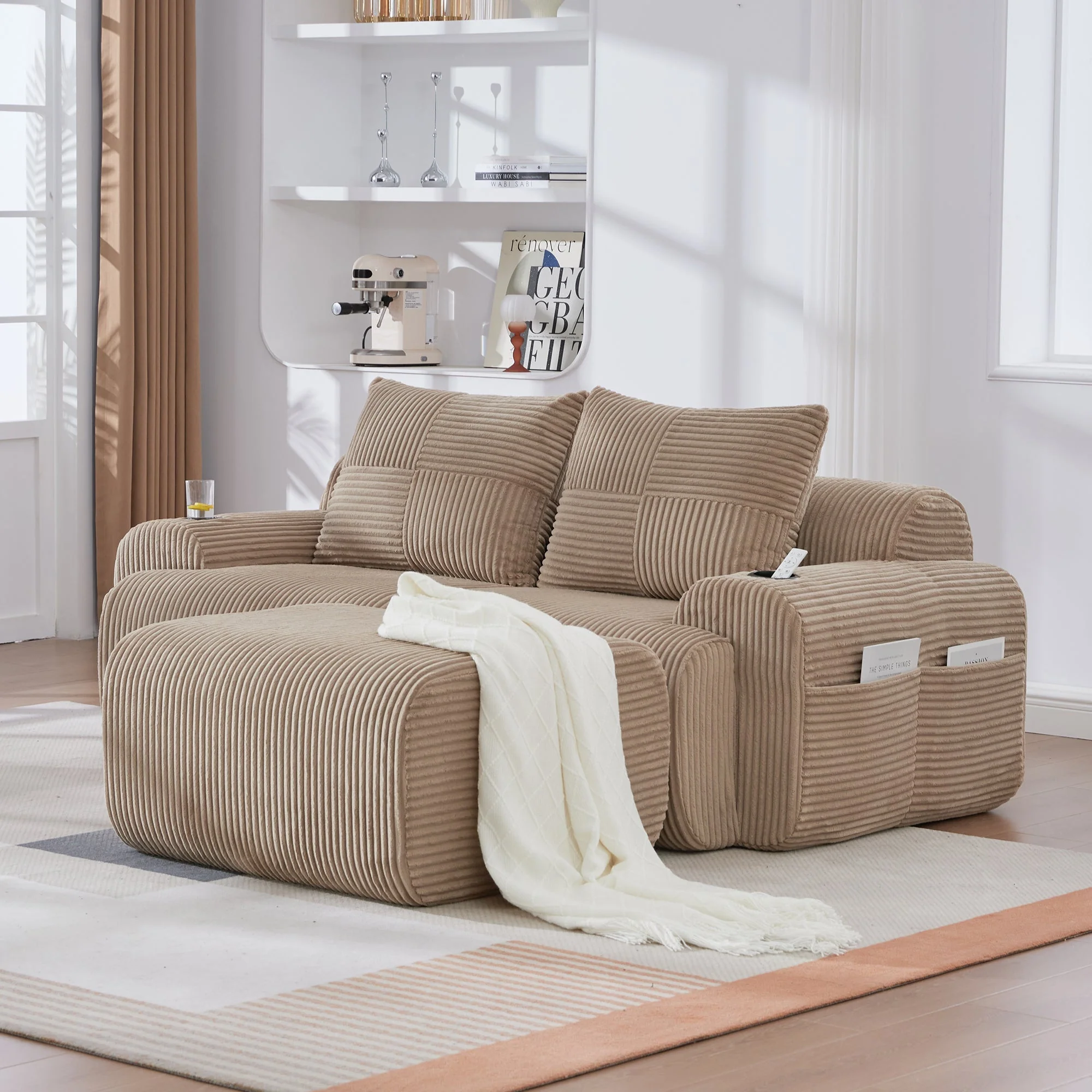 Modular Corduroy Sofa with Ottomans, Cup Holder and Side Pocket, Khaki - Image 10