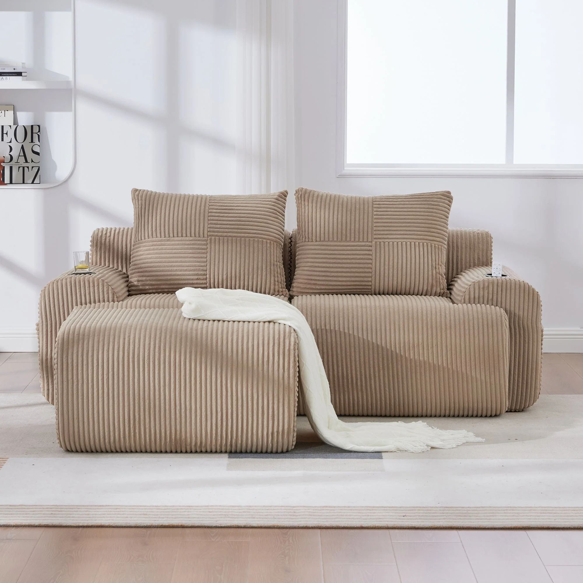 Modular Corduroy Sofa with Ottomans, Cup Holder and Side Pocket, Khaki - Image 9