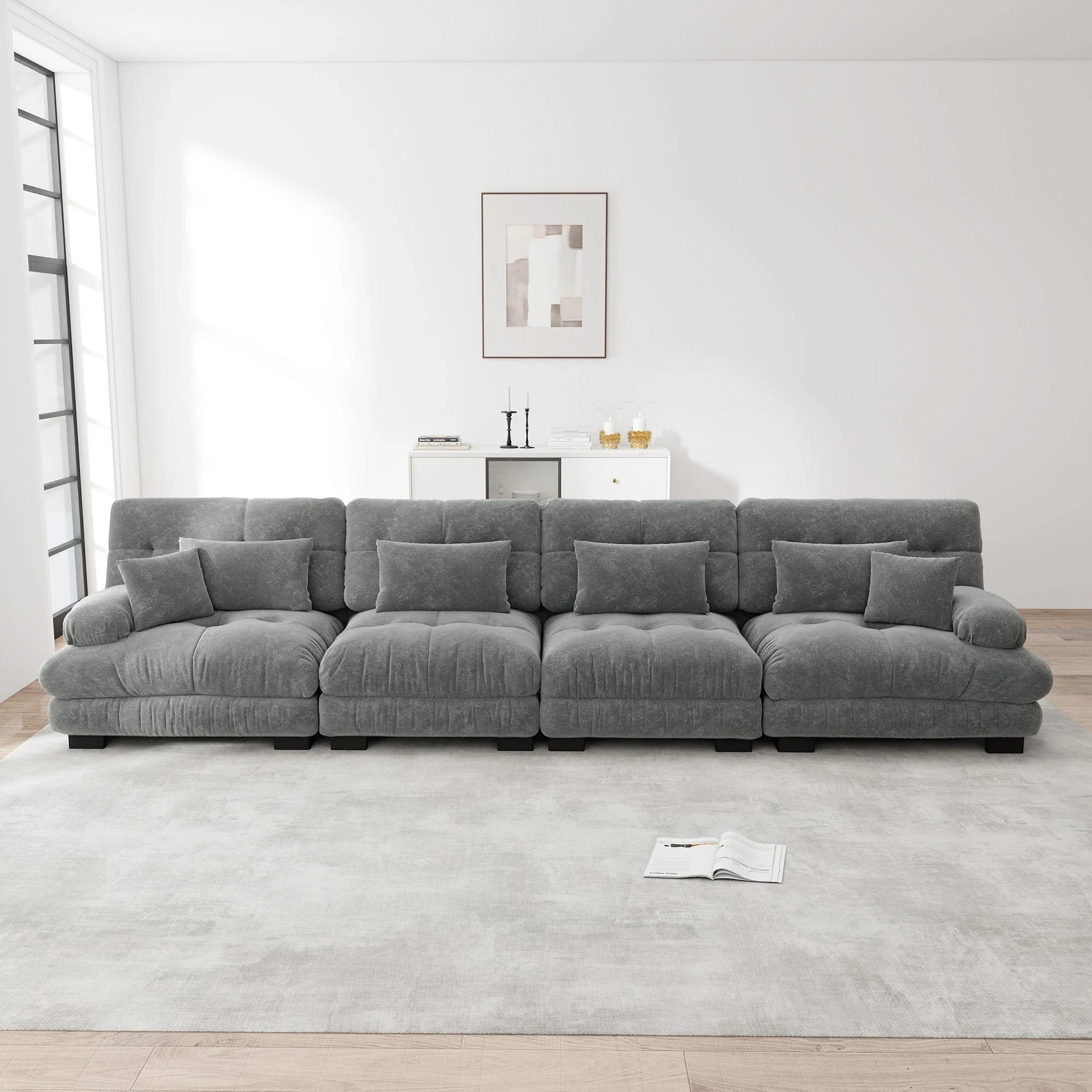 Modular Corner Sofa, 4-Seater Deep Seat Sleeper, Chenille Grey