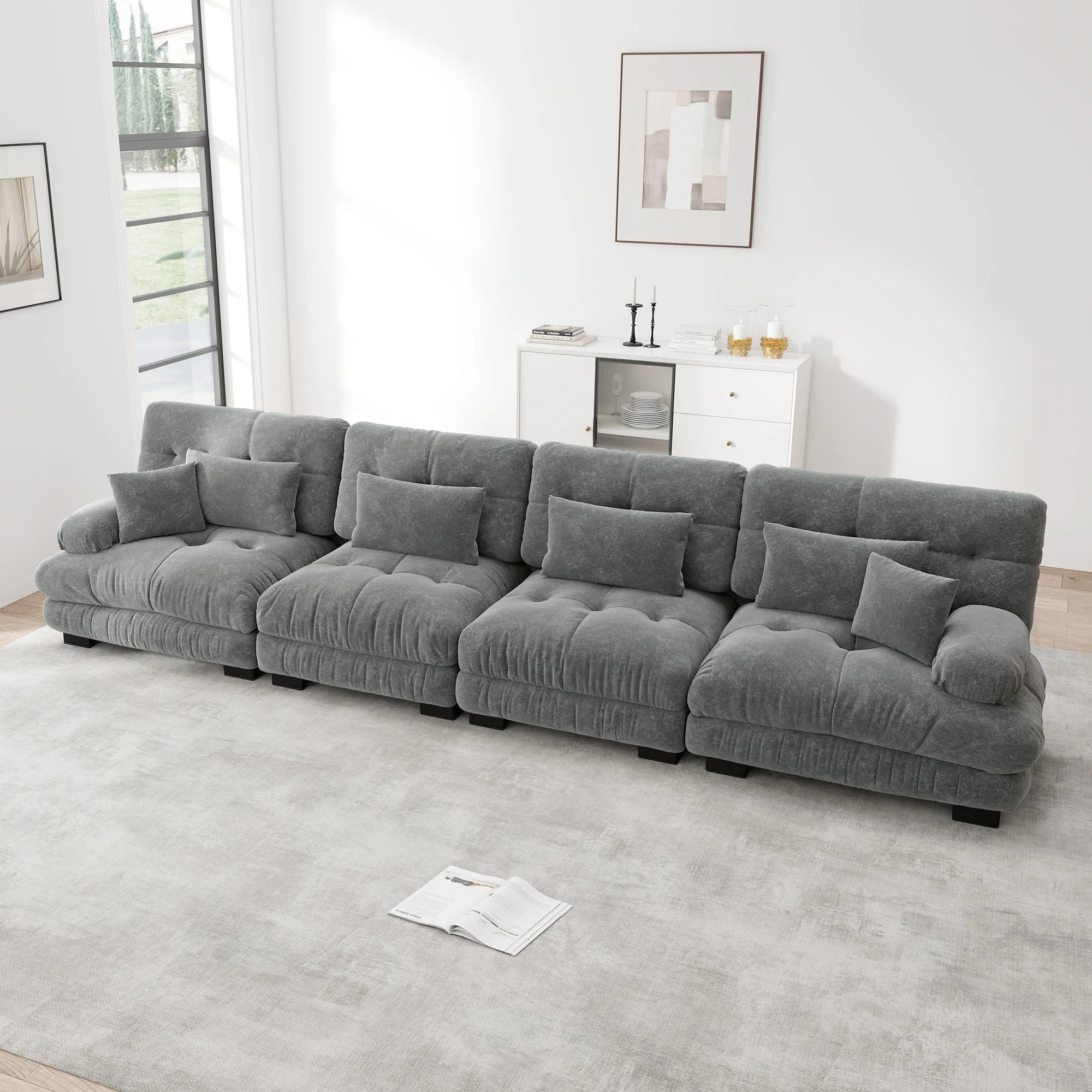 Modular Corner Sofa, 4-Seater Deep Seat Sleeper, Chenille Grey - Image 3