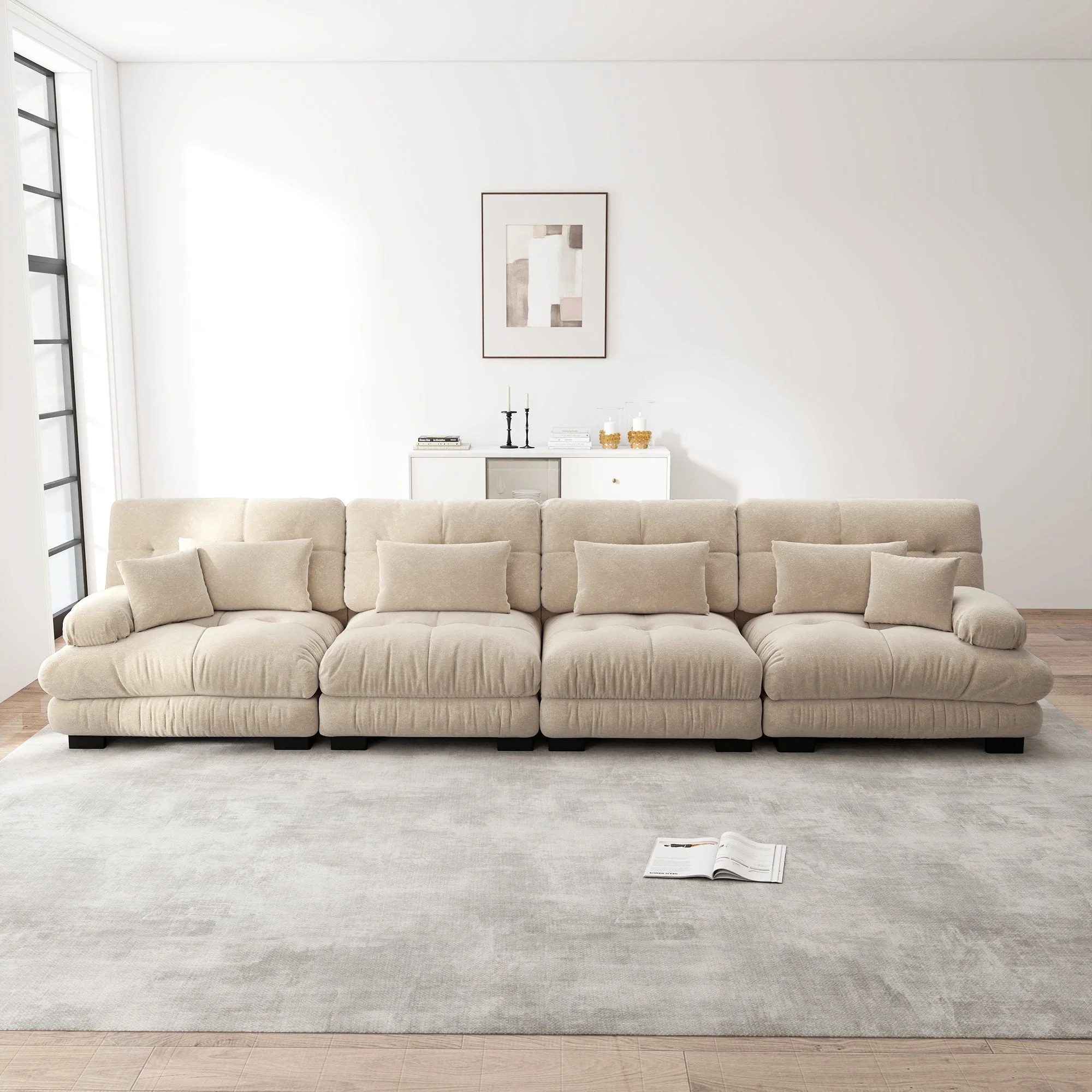 Modular Corner Sofa, 4-Seater Deep Seat Sleeper, Light Brown Chenille