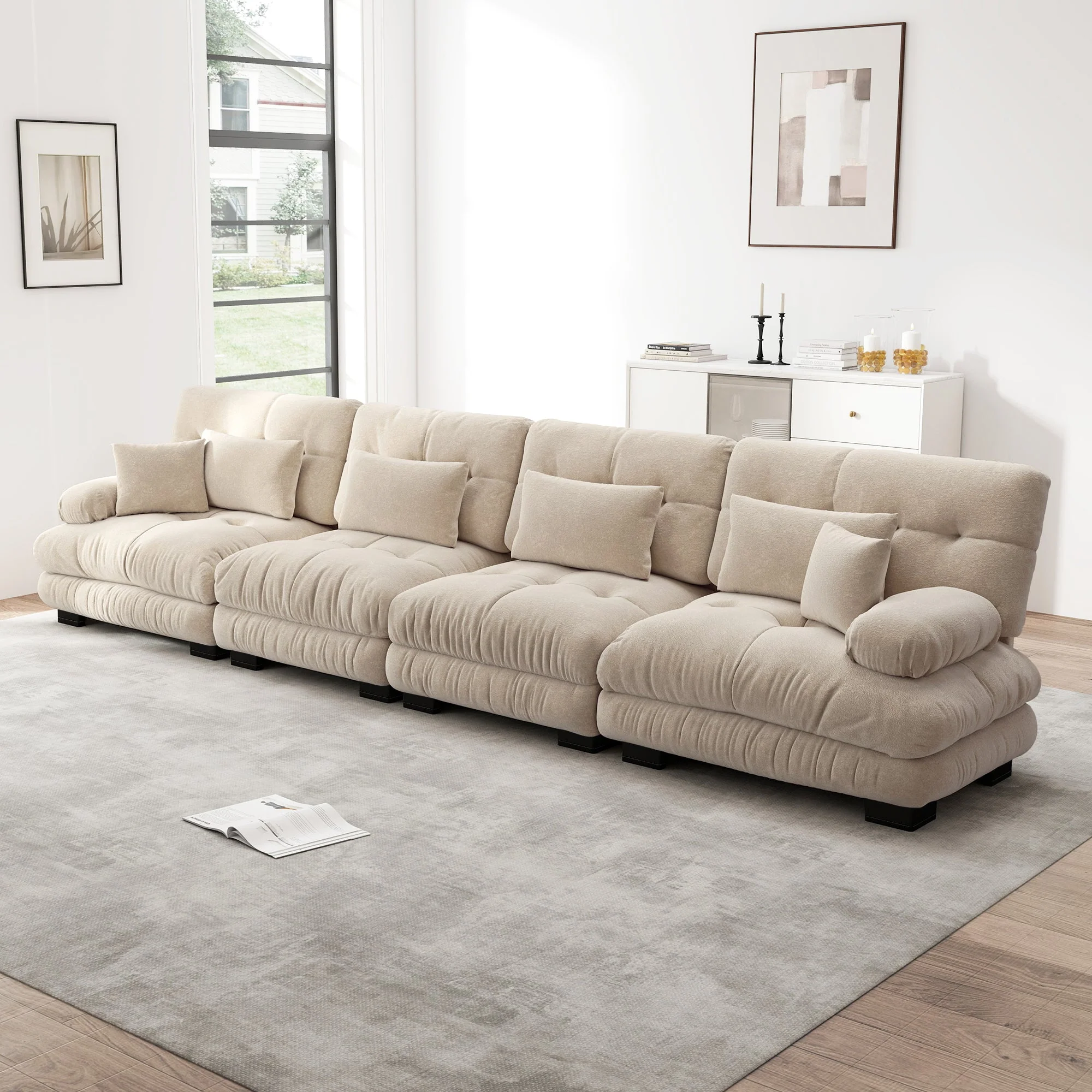 Modular Corner Sofa, 4-Seater Deep Seat Sleeper, Light Brown Chenille - Image 2