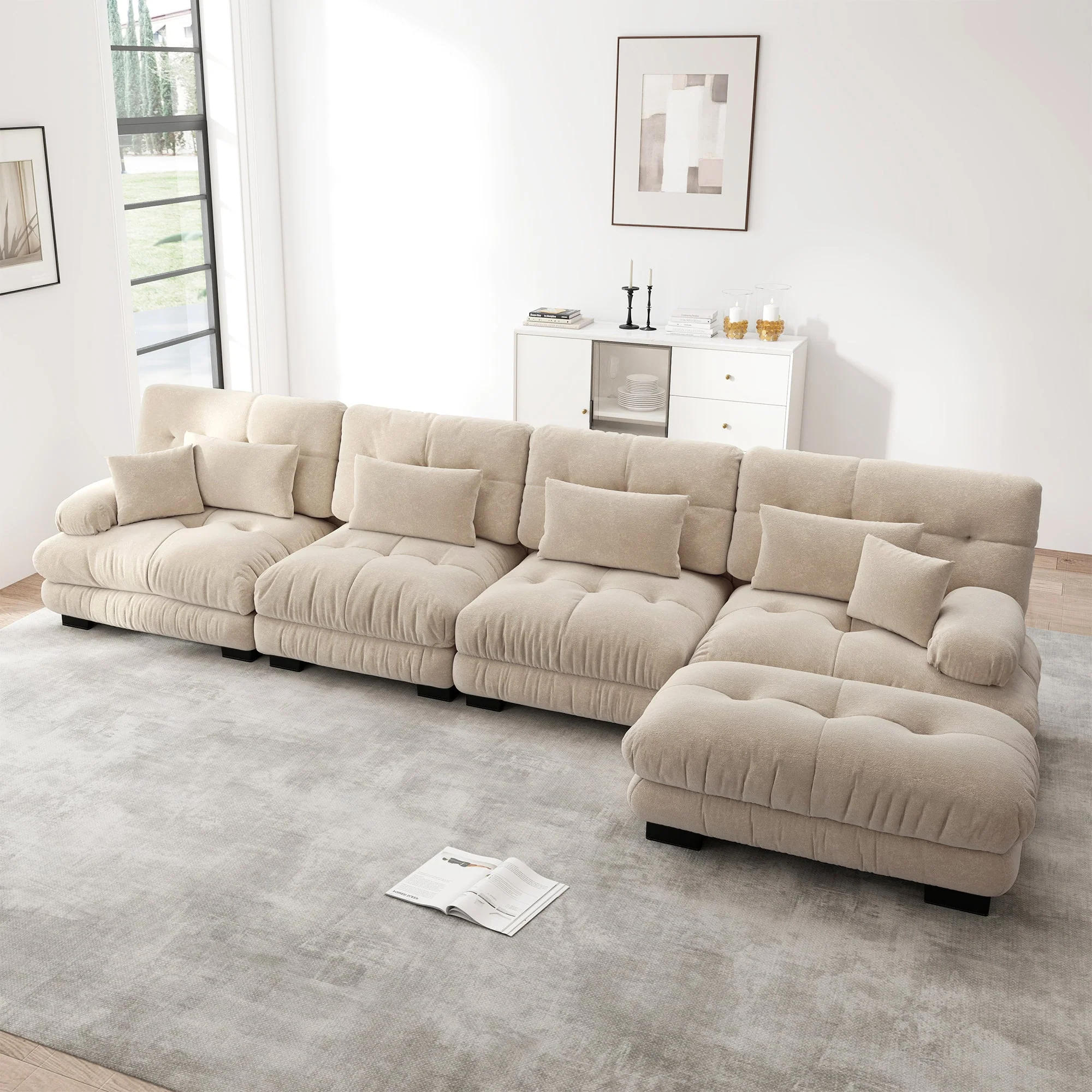 Modular Corner Sofa L-Shaped 4-Seater Cloud Couch Movable Ottoman DIY Combination, Chenille Light Brown - Image 3