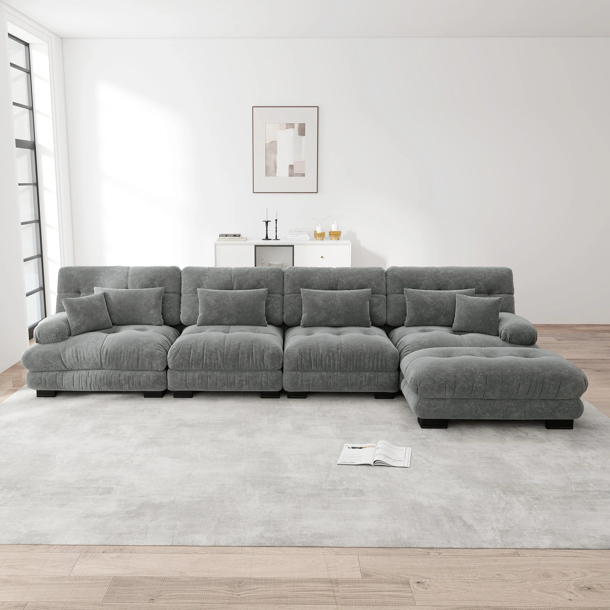 Modular Corner Sofa L-Shaped 4-Seater Couch Set Movable Ottoman DIY Chenille Grey