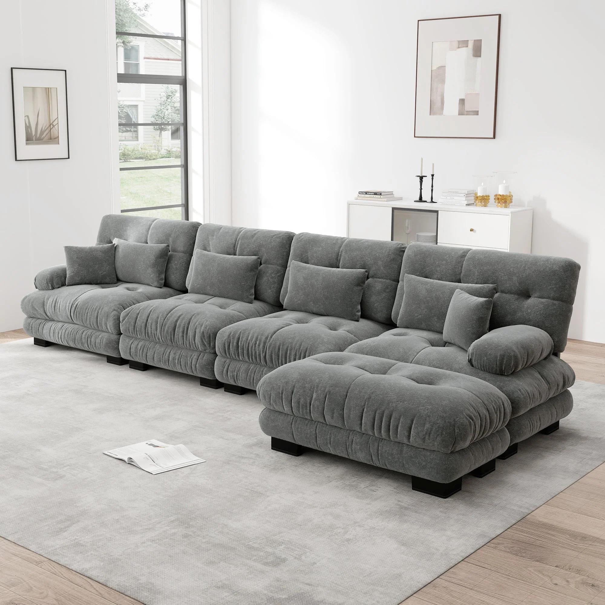 Modular Corner Sofa L-Shaped 4-Seater Couch Set Movable Ottoman DIY Chenille Grey - Image 2