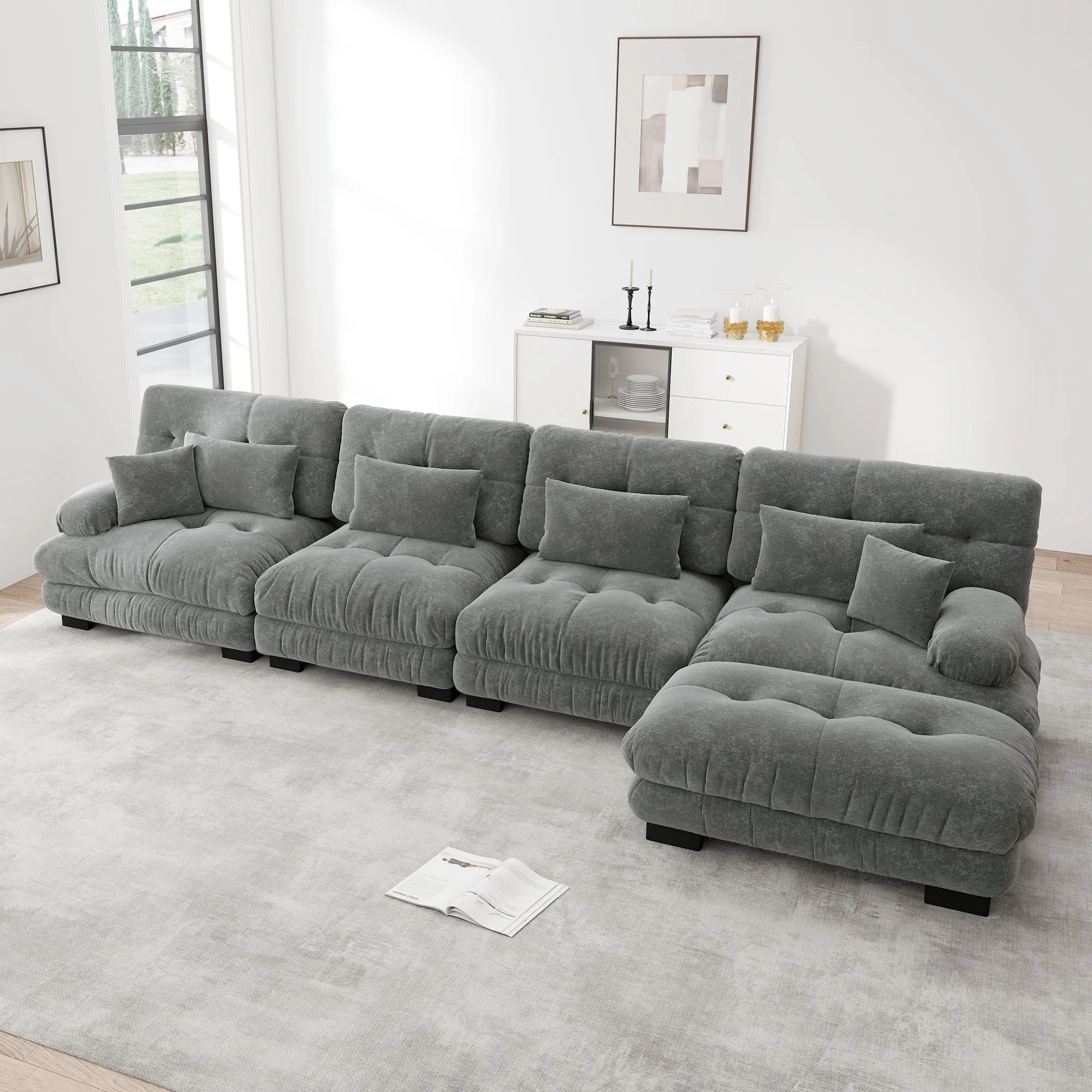 Modular Corner Sofa L-Shaped 4-Seater Couch Set Movable Ottoman DIY Chenille Grey - Image 3
