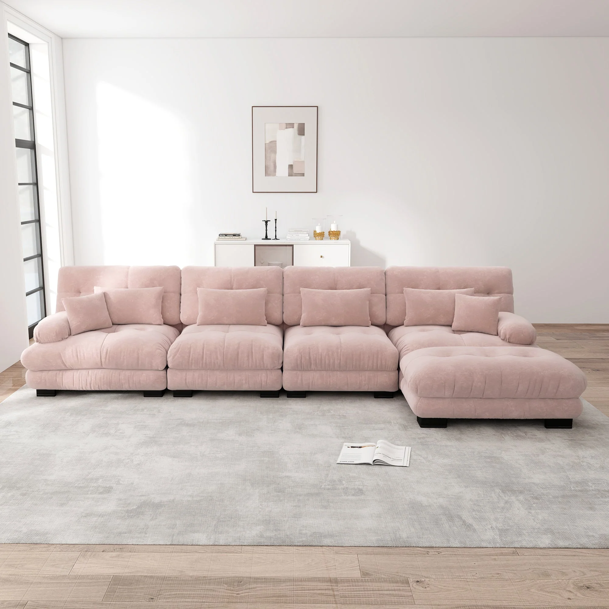 Modular Corner Sofa, L-shaped 4-Seater with Movable Ottoman, Chenille Pink