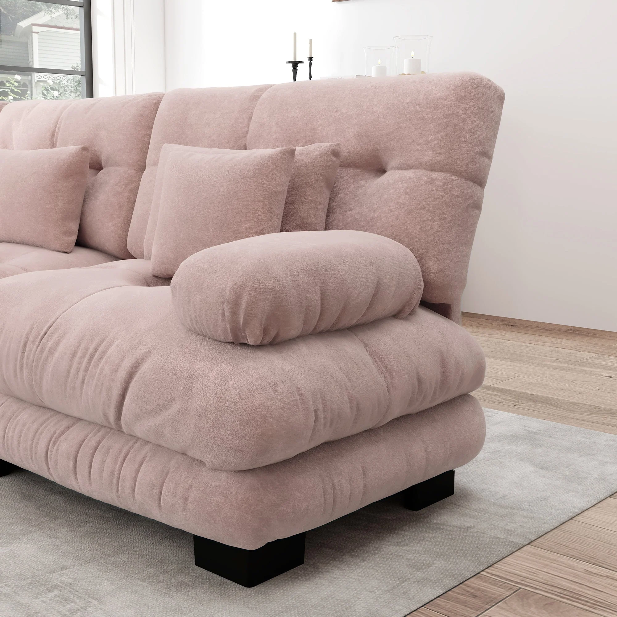 Modular Corner Sofa, L-shaped 4-Seater with Movable Ottoman, Chenille Pink - Image 10