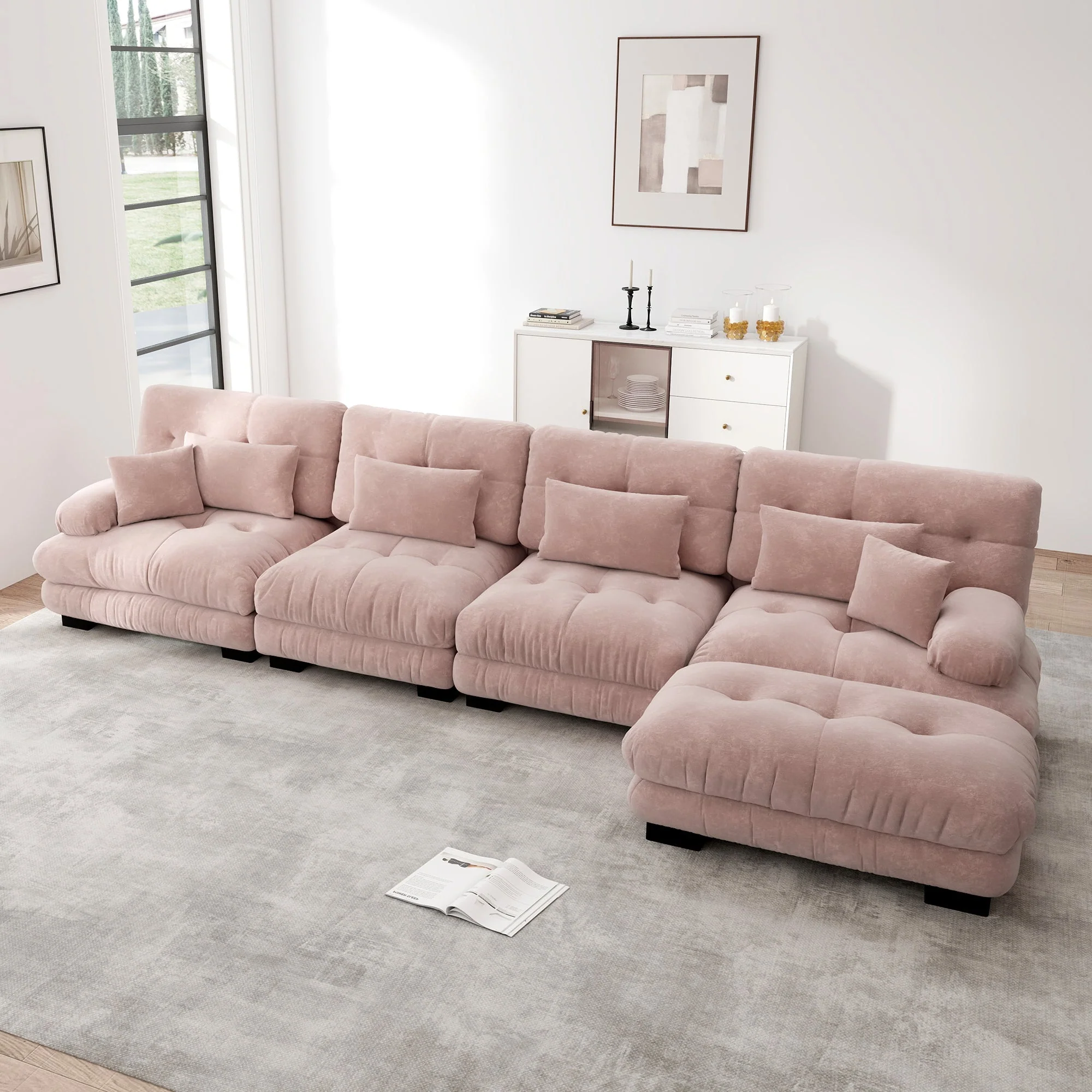 Modular Corner Sofa, L-shaped 4-Seater with Movable Ottoman, Chenille Pink - Image 2