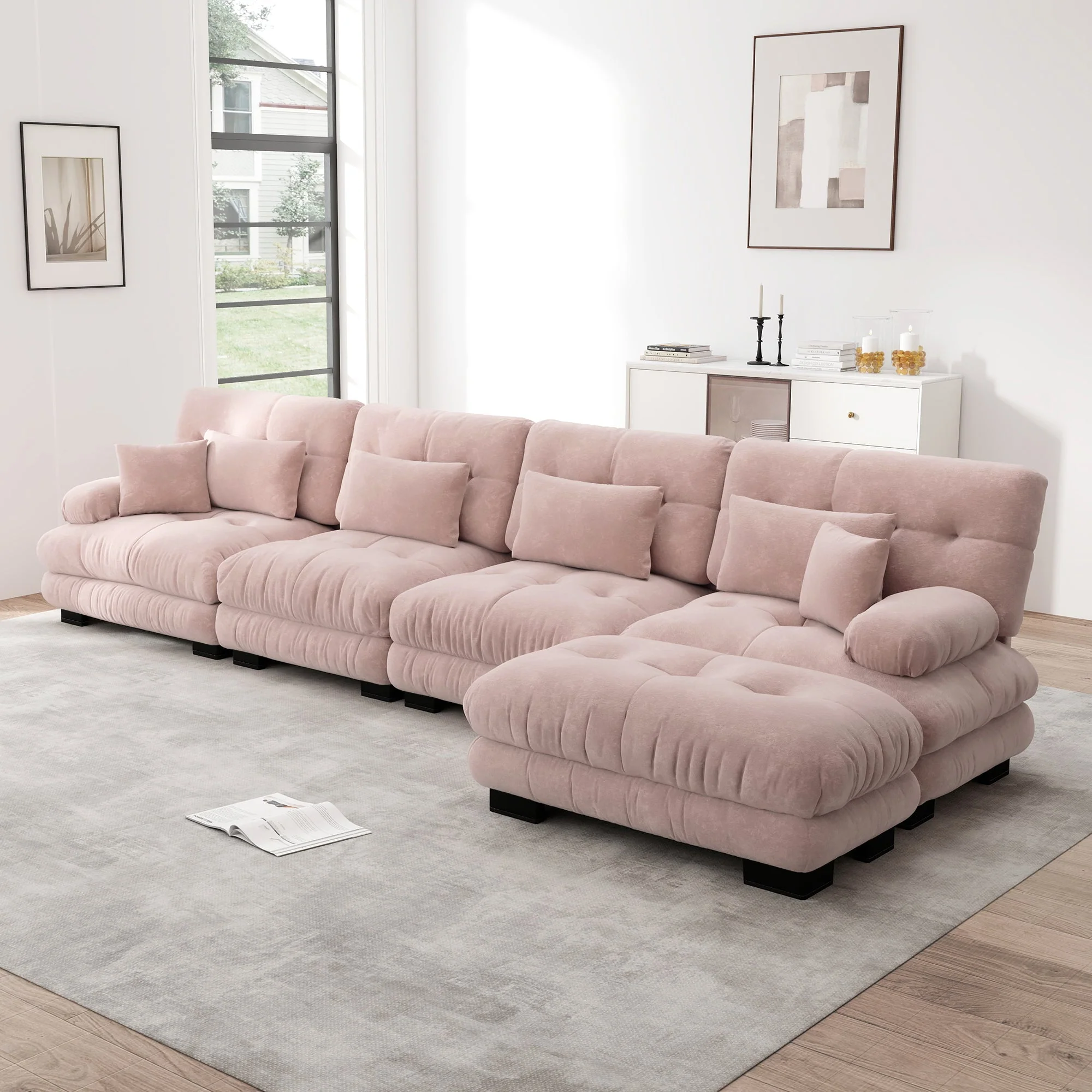 Modular Corner Sofa, L-shaped 4-Seater with Movable Ottoman, Chenille Pink - Image 3
