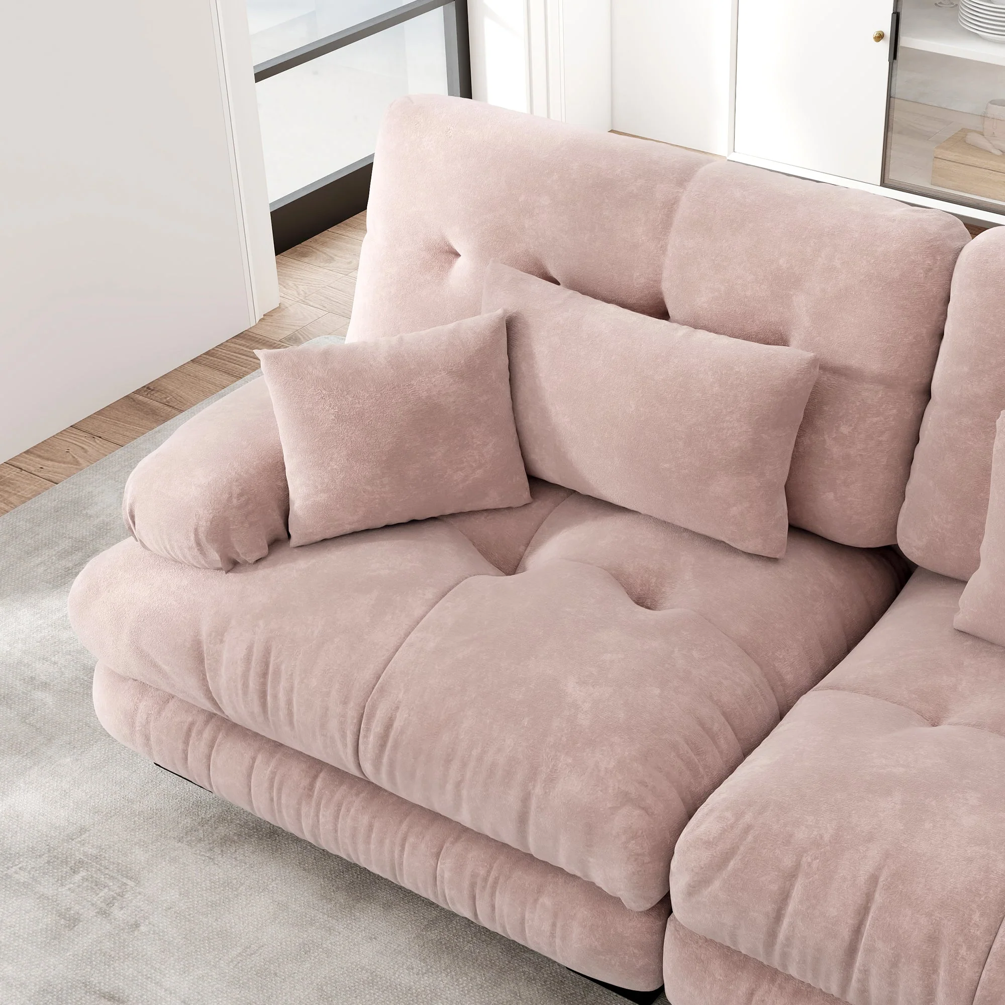 Modular Corner Sofa, L-shaped 4-Seater with Movable Ottoman, Chenille Pink - Image 9