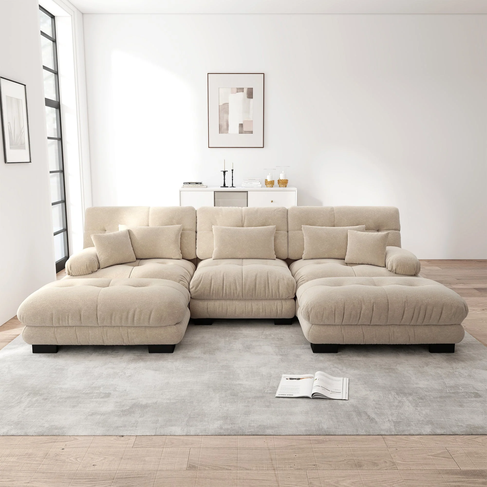 Modular Corner Sofa, Oversized U-Shaped Convertible Sleeper with Ottoman, Light Brown Chenille