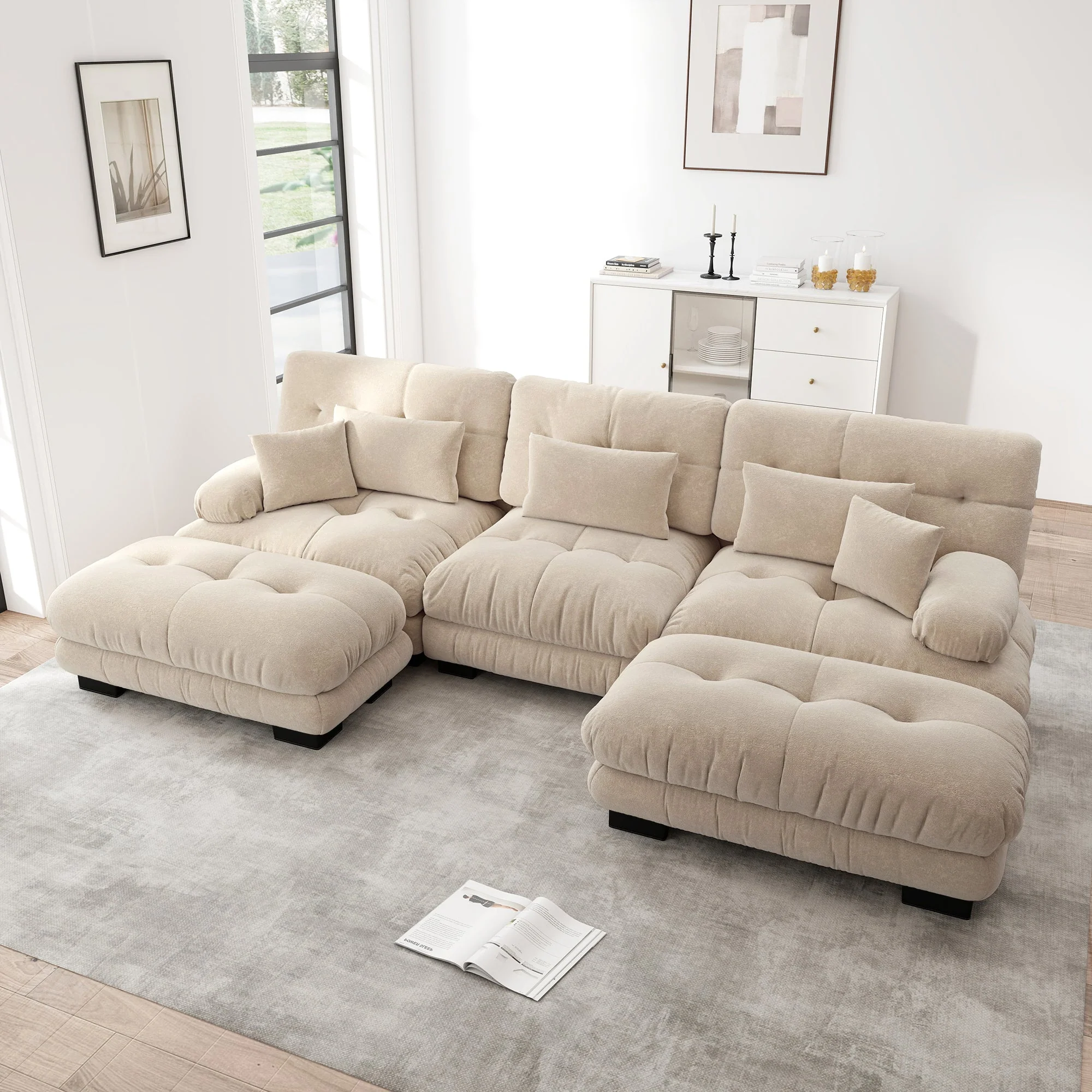 Modular Corner Sofa, Oversized U-Shaped Convertible Sleeper with Ottoman, Light Brown Chenille - Image 2