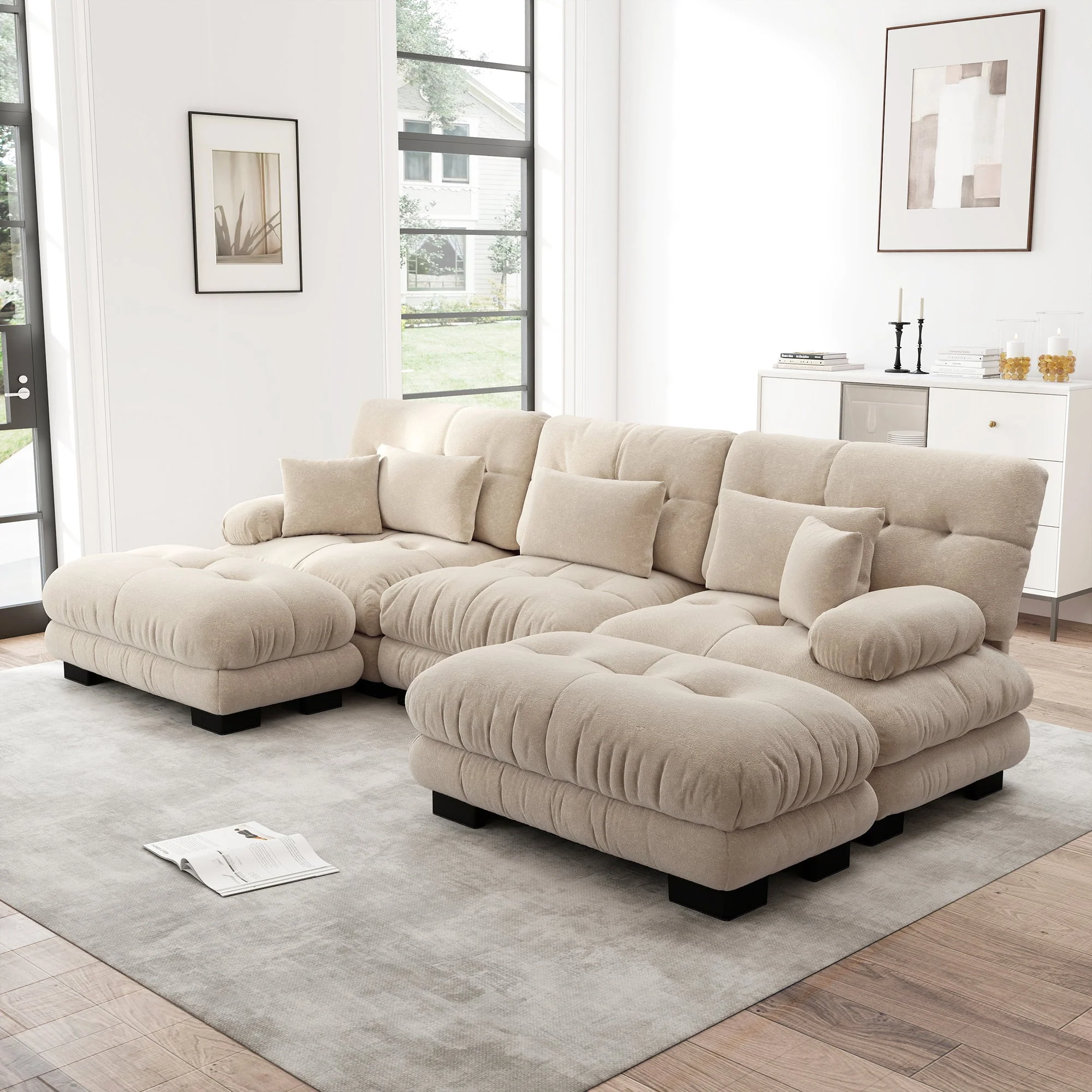 Modular Corner Sofa, Oversized U-Shaped Convertible Sleeper with Ottoman, Light Brown Chenille - Image 3