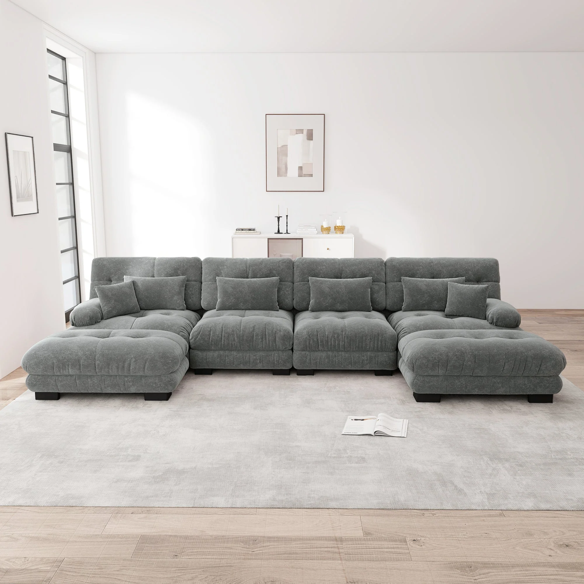 Modular Corner Sofa U-Shaped 4-Seater Movable Ottoman Chenille Grey
