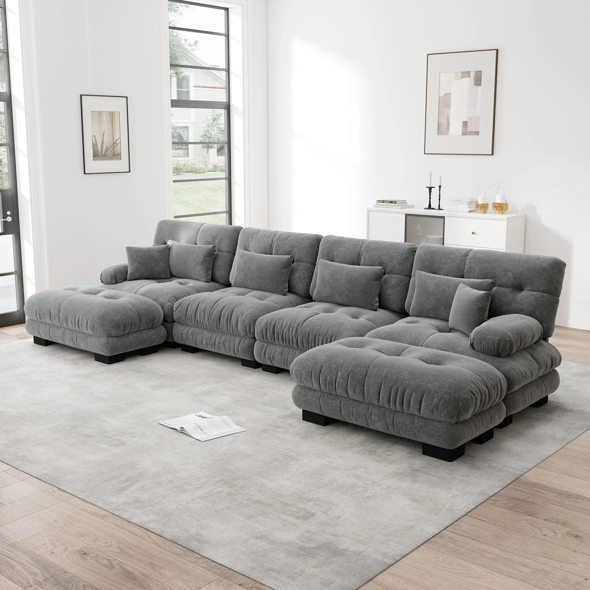 Modular Corner Sofa U-Shaped 4-Seater Movable Ottoman Chenille Grey - Image 2