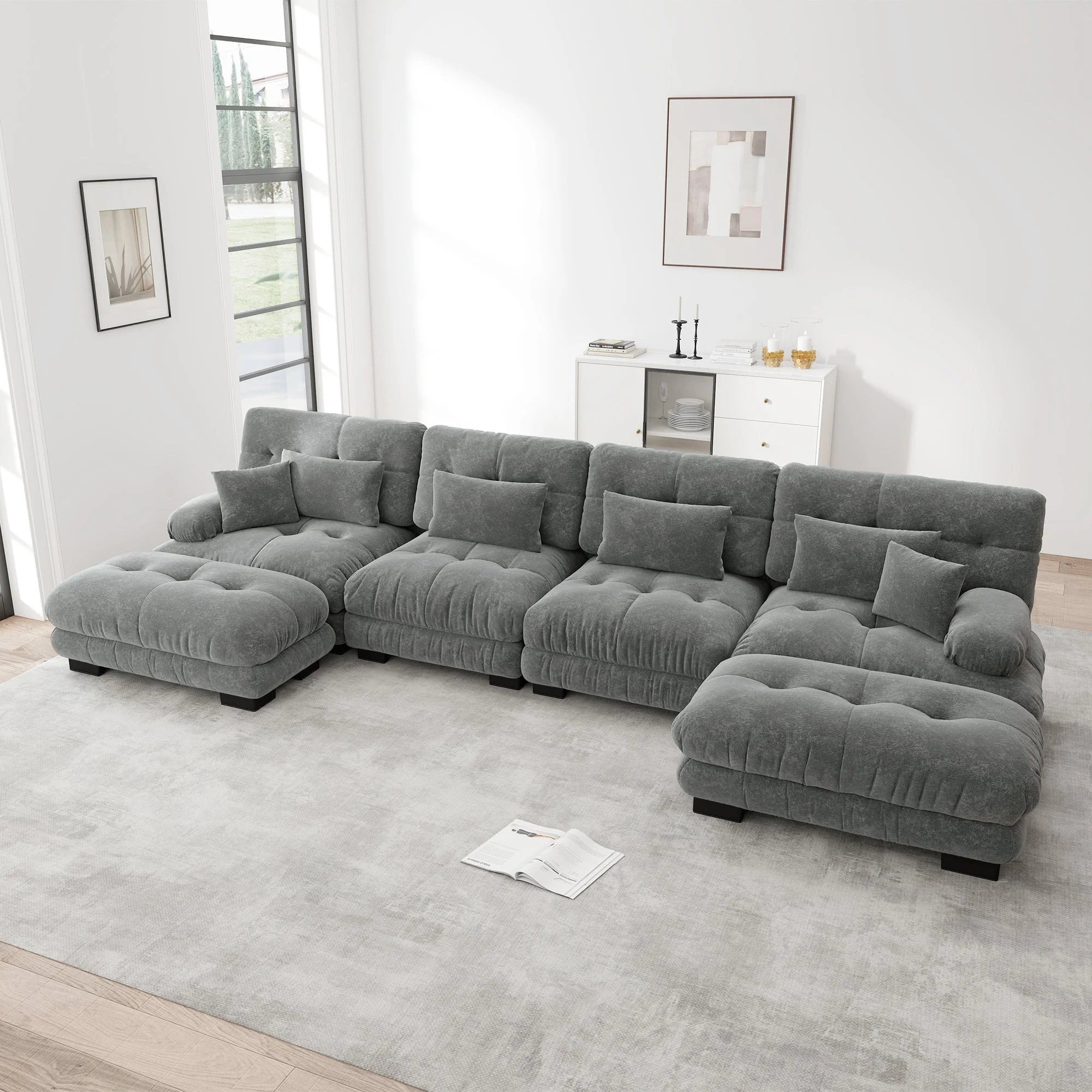 Modular Corner Sofa U-Shaped 4-Seater Movable Ottoman Chenille Grey - Image 3