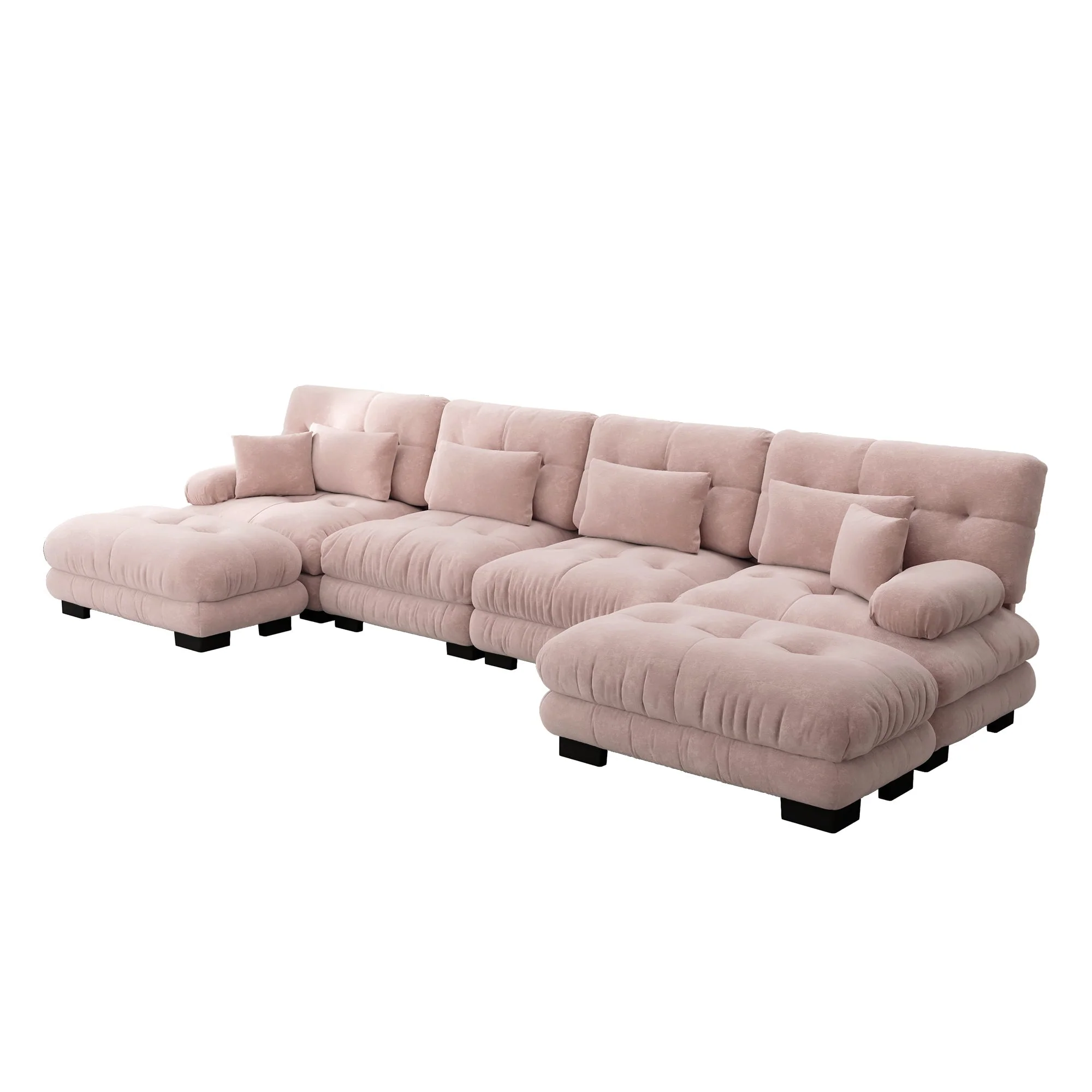 Modular Corner Sofa, U-shaped 4-Seater with Movable Ottoman, Pink Chenille - Image 6