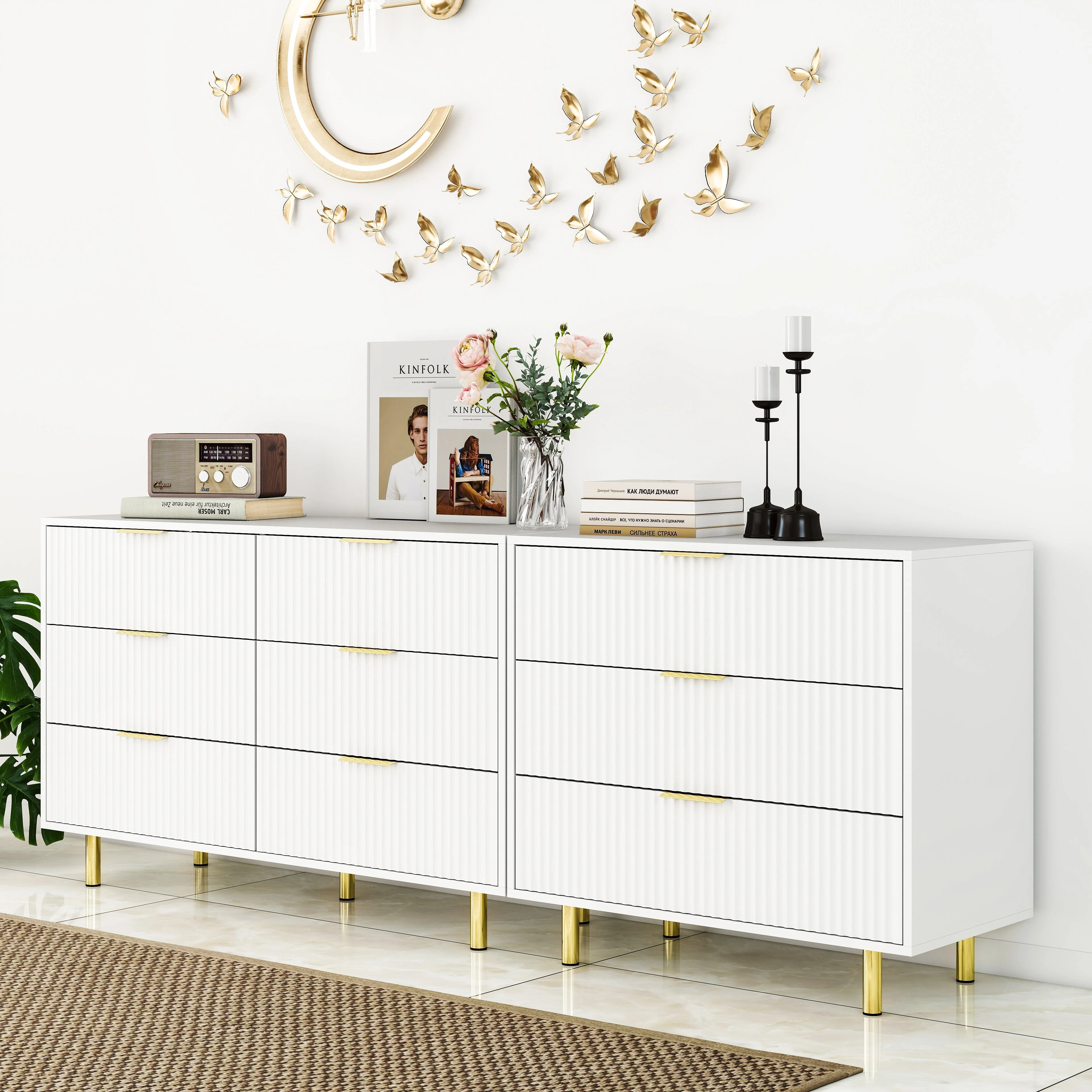 Modular Drawer Unit with 9 Drawers and Modern Sideboard Set, White and Gold - Image 7