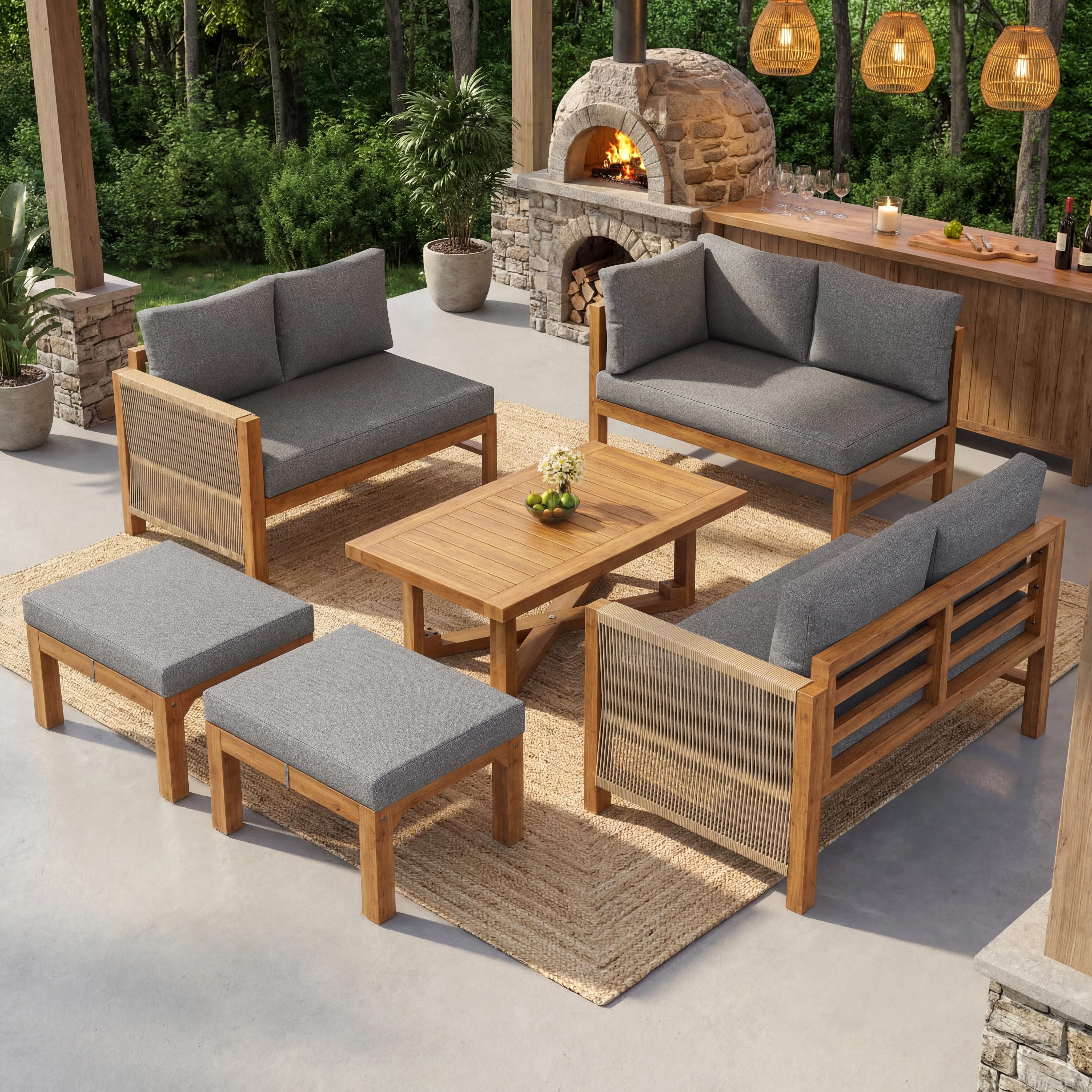 Modular Garden Furniture Set, 6-Seater Corner Sofa with 2 Stools and Table, Acacia Wood - Image 2