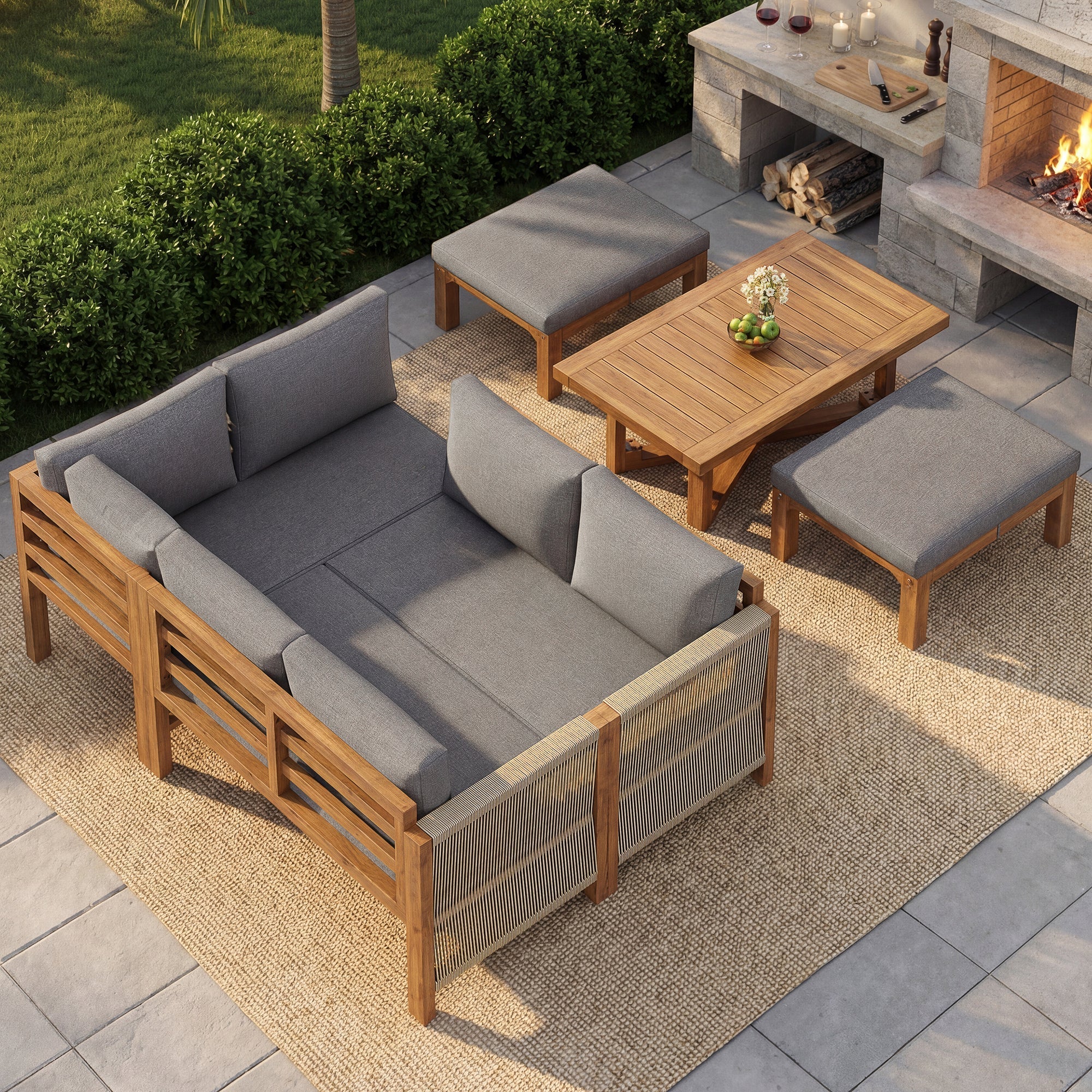 Modular Garden Furniture Set, 6-Seater Corner Sofa with 2 Stools and Table, Acacia Wood - Image 4