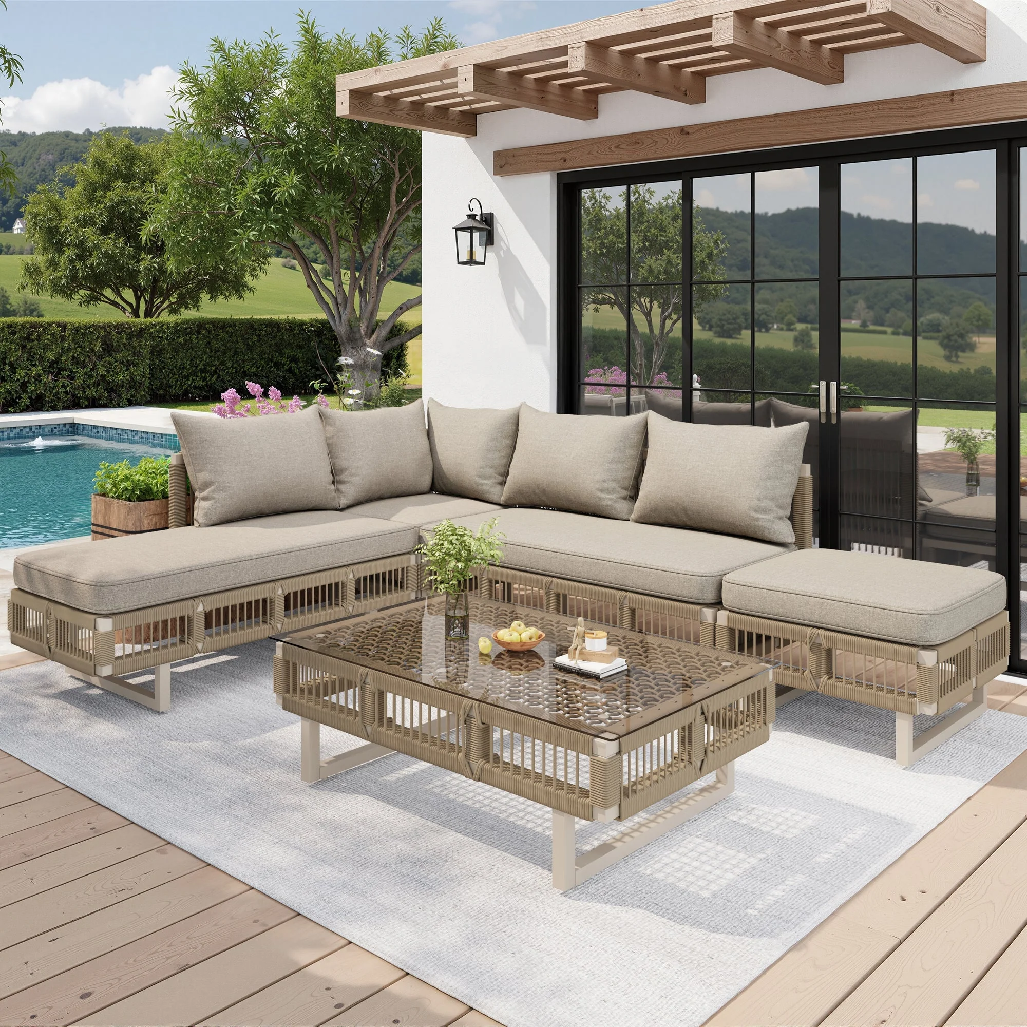 Modular Garden Furniture Set with 10cm Thick Cushions and Glass Coffee Table, Rope Weave, Beige/Green - Image 2