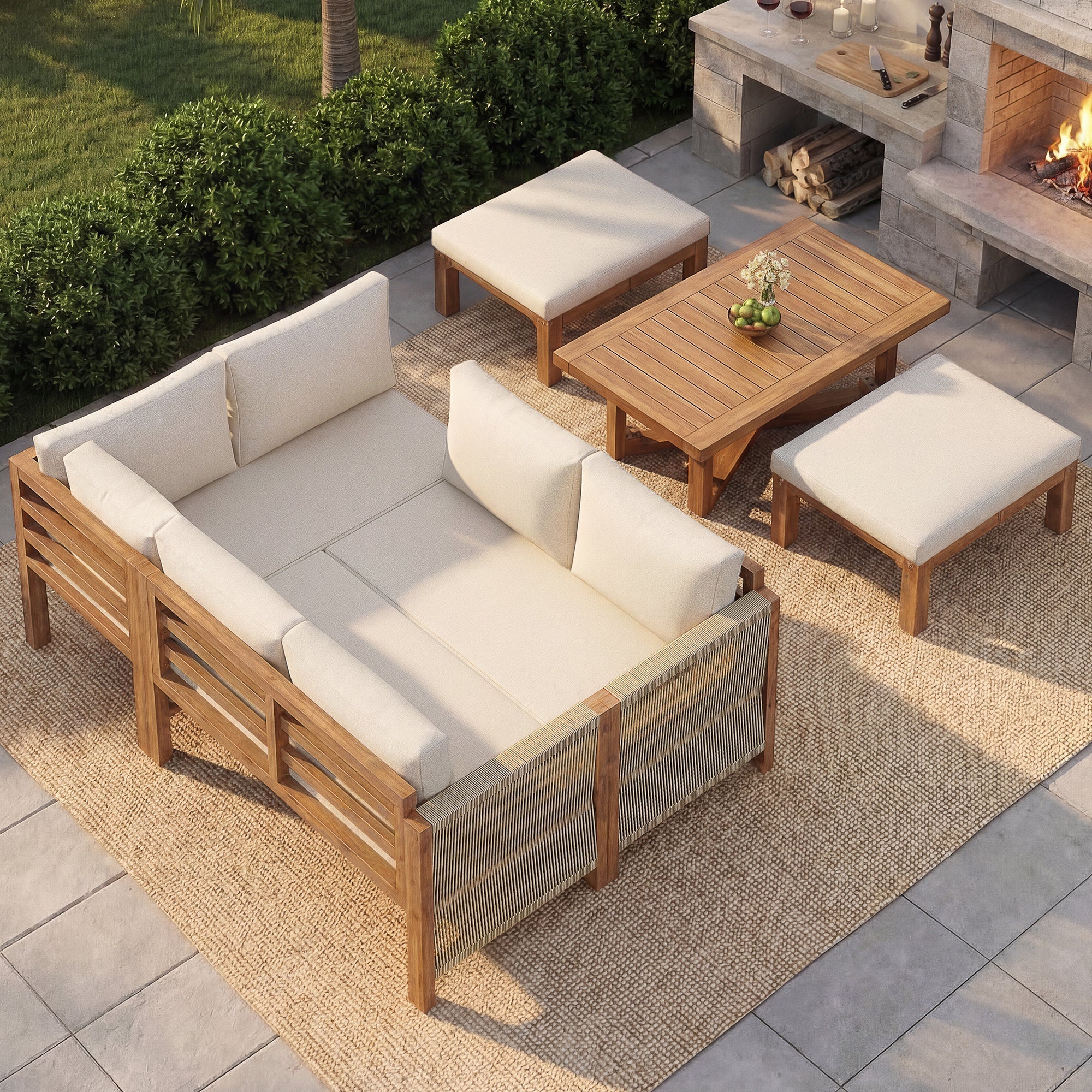 Modular Garden Furniture Set with 6-Seater Corner Sofa, 2 Stools and Table, Acacia Wood - Image 4