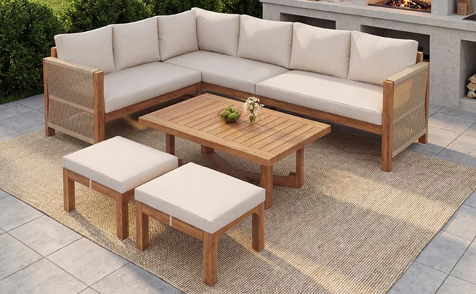 Modular Garden Furniture Set with 6-Seater Corner Sofa, 2 Stools and Table, Acacia Wood - Image 8