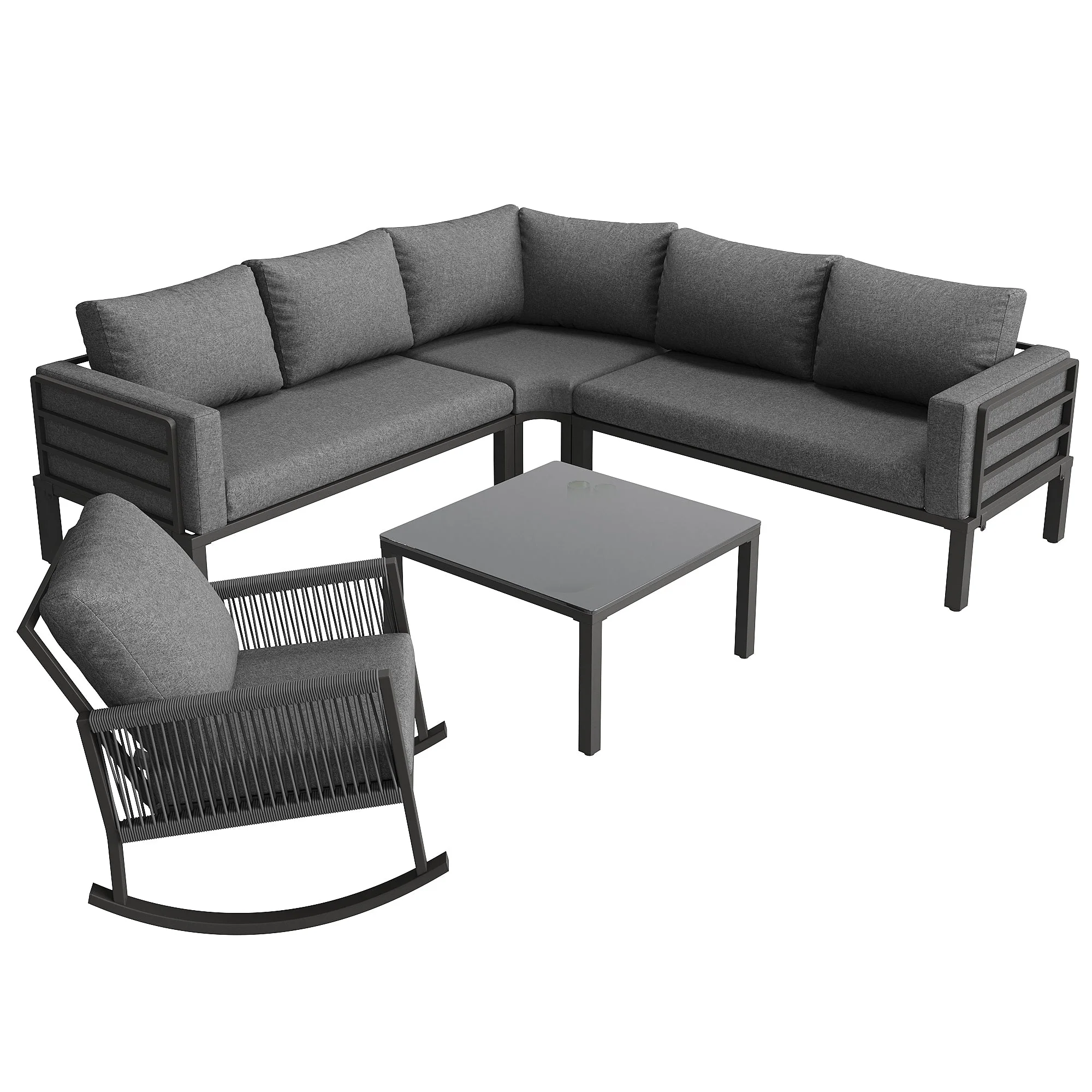 Modular Garden Furniture Set with Corner Sofa, Rocking Chair and Glass Table, Metal Frame and Rope Weave - Image 4