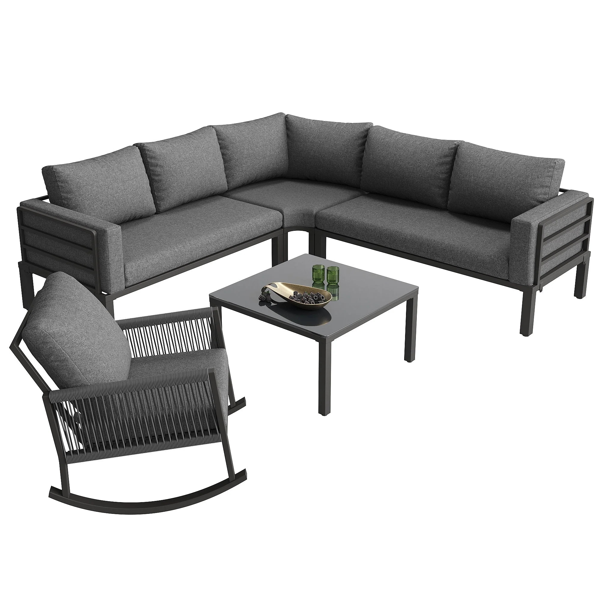 Modular Garden Furniture Set with Corner Sofa, Rocking Chair and Glass Table, Metal Frame and Rope Weave - Image 5