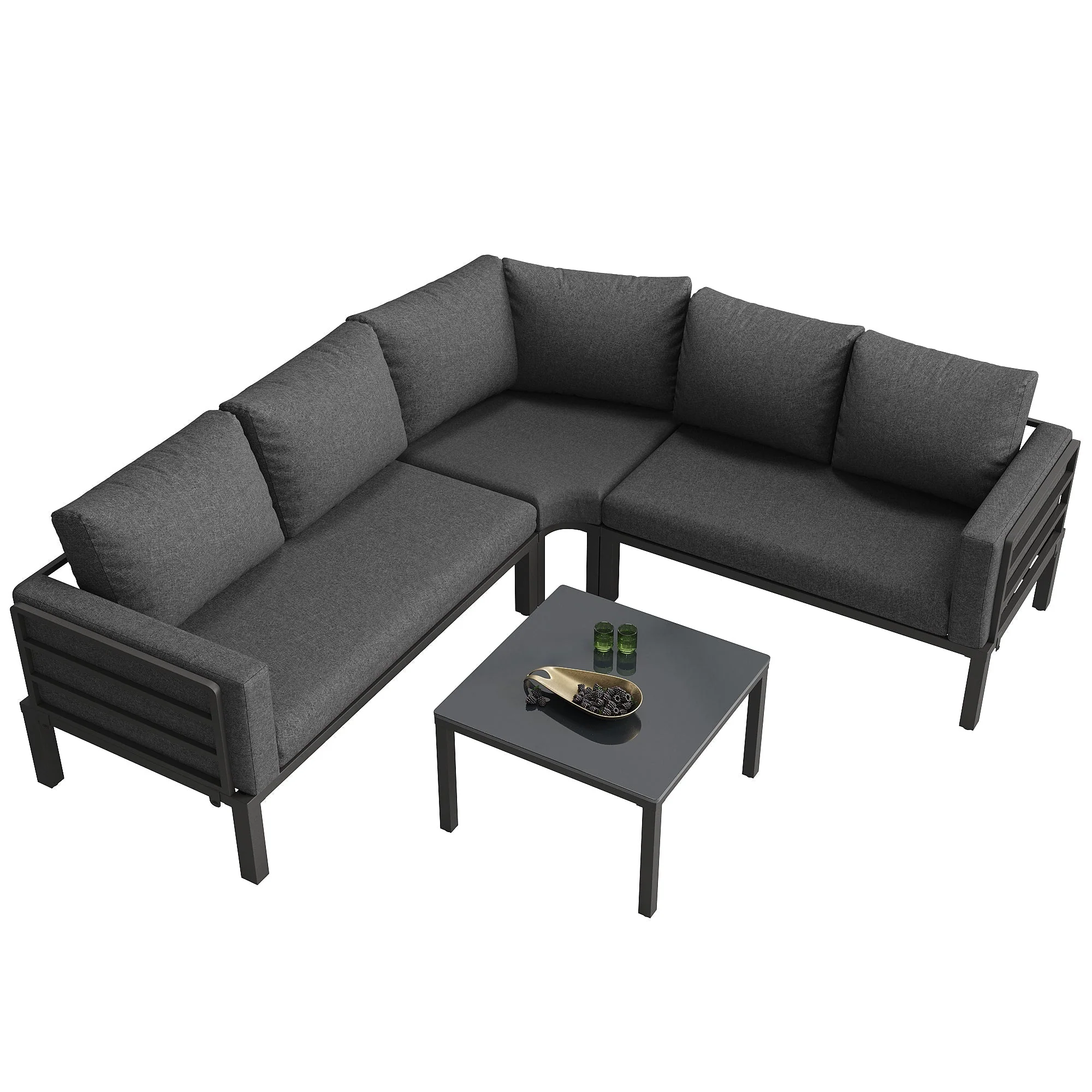 Modular Garden Furniture Set with Corner Sofa, Rocking Chair and Glass Table, Metal Frame and Rope Weave - Image 6