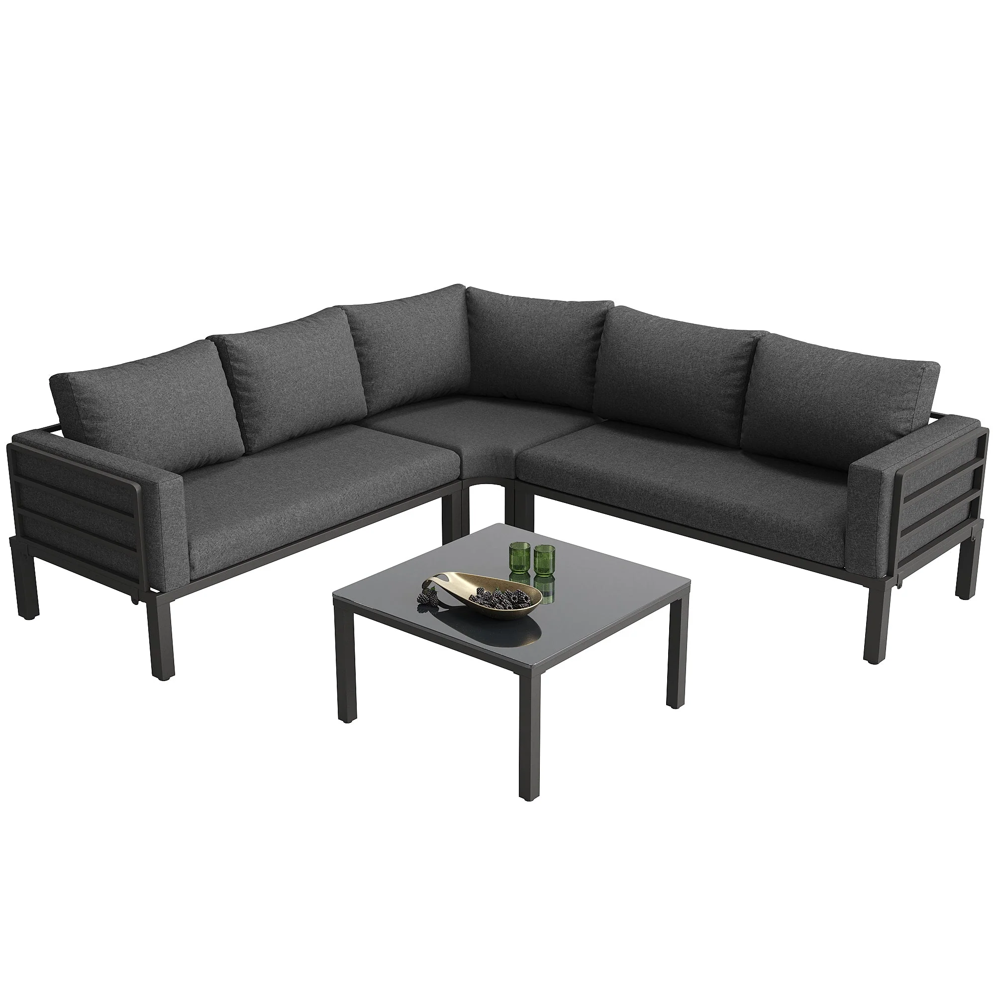 Modular Garden Furniture Set with Corner Sofa, Rocking Chair and Glass Table, Metal Frame and Rope Weave - Image 7