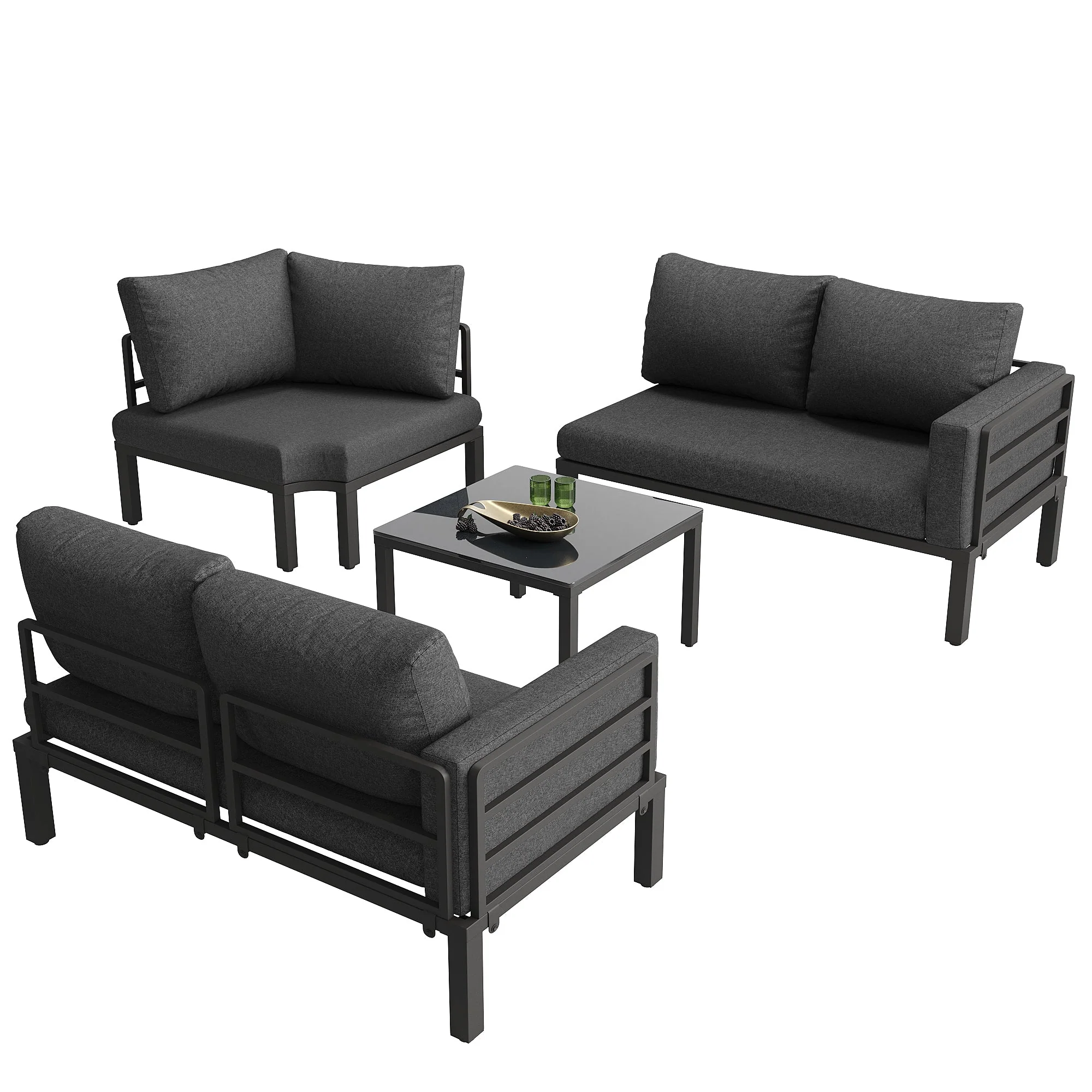 Modular Garden Furniture Set with Corner Sofa, Rocking Chair and Glass Table, Metal Frame and Rope Weave - Image 8