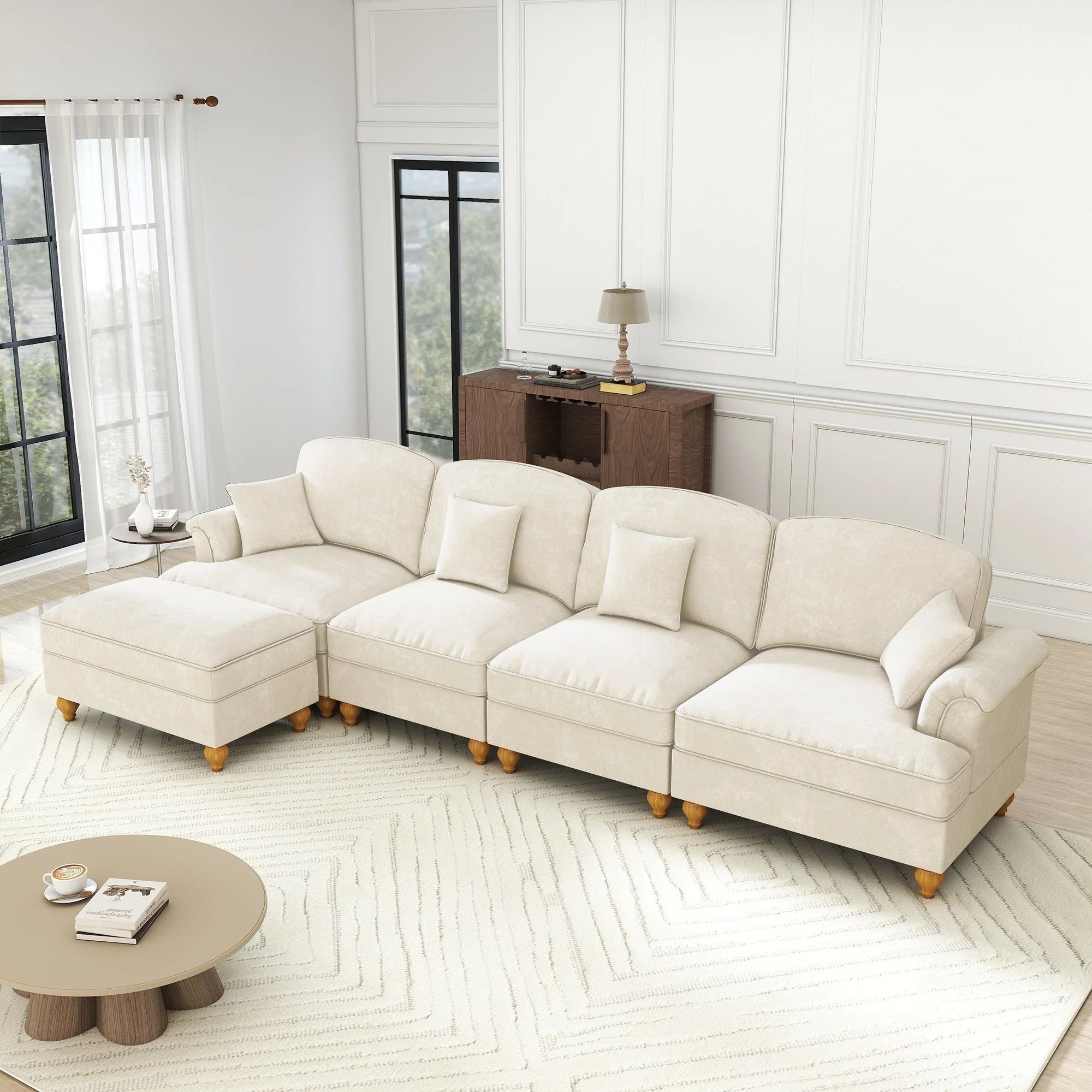 Modular L-Shaped 4-Seater Sofa with Movable Ottoman, Ruffled Apron, Spindle Legs Chenille White - Image 5