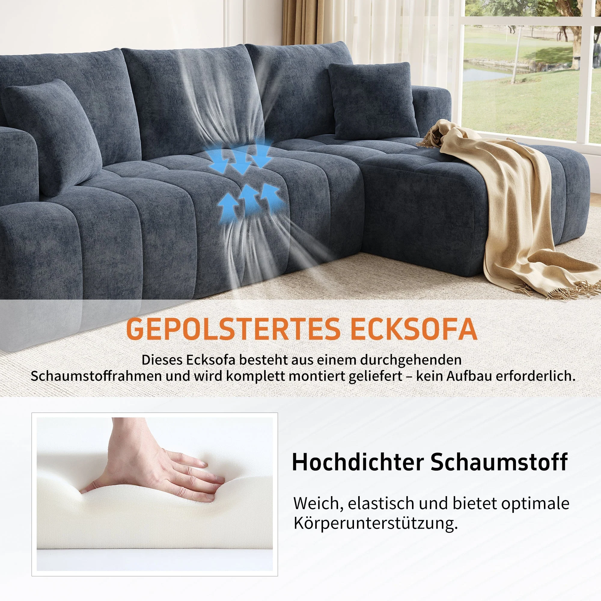 Modular L-shaped Corner Cloud Sofa, Frameless and Freely Combinable, Blue Chenille - Image 5