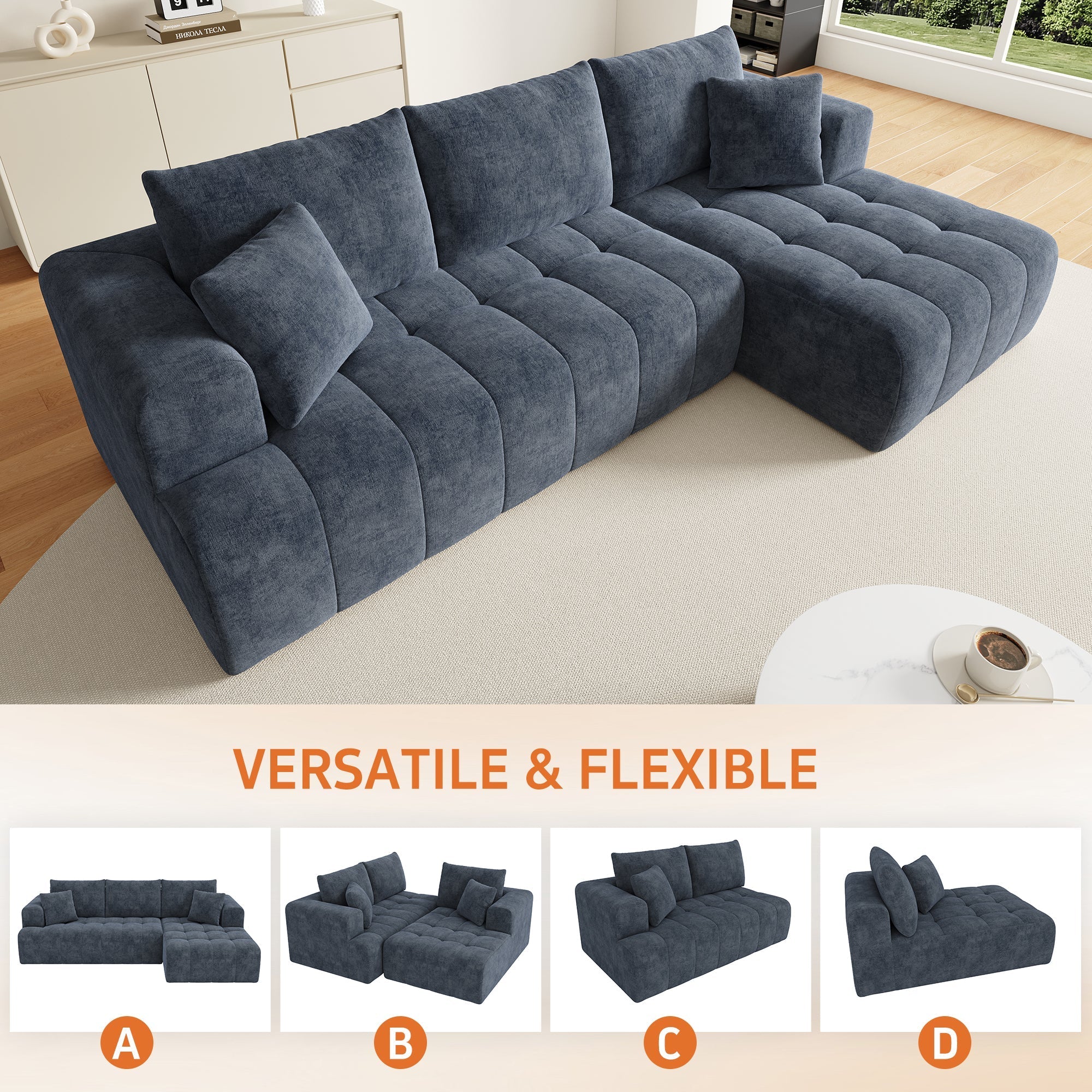 Modular L-shaped Corner Cloud Sofa, Frameless and Freely Combinable, Blue Chenille - Image 8