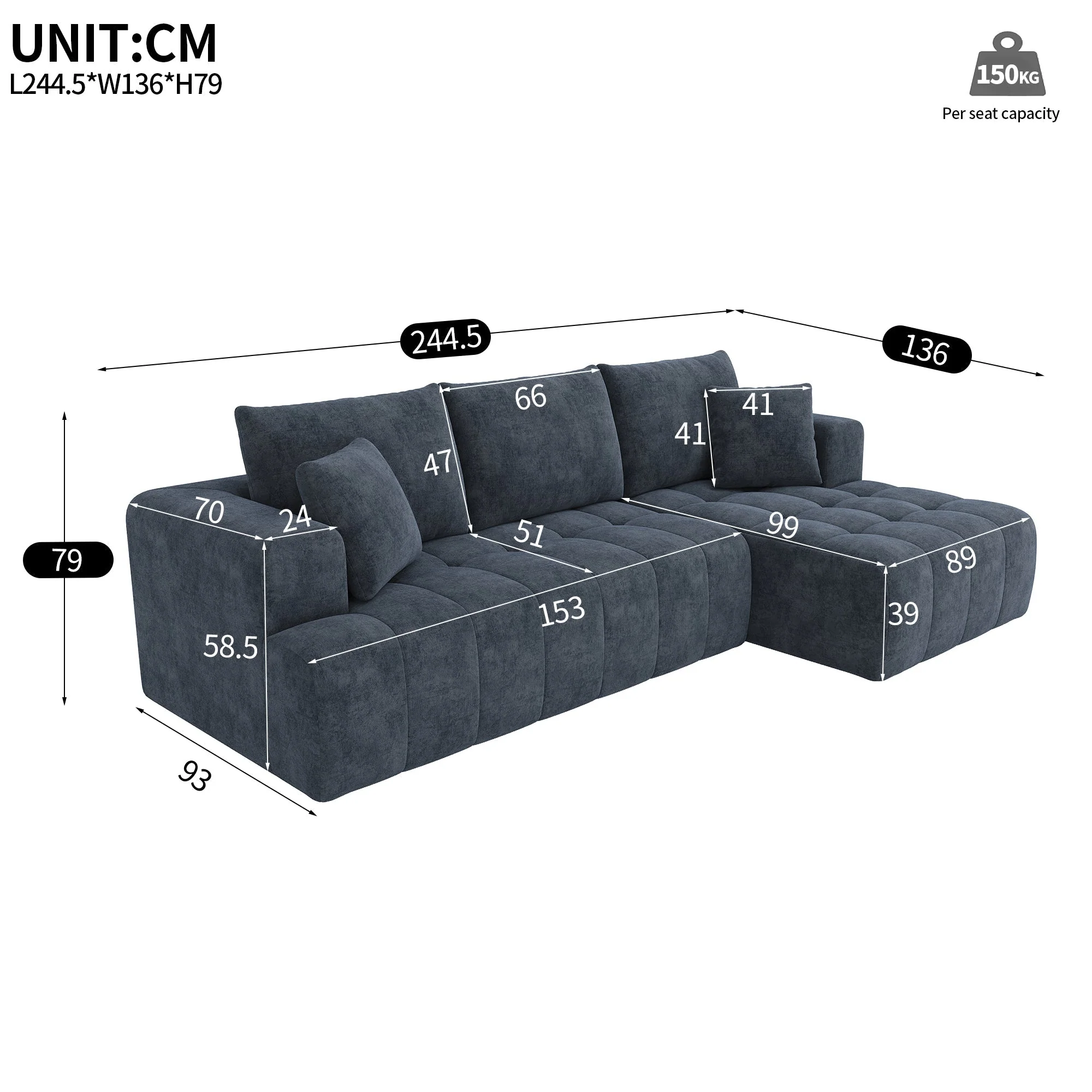 Modular L-shaped Corner Cloud Sofa, Frameless and Freely Combinable, Blue Chenille - Image 9
